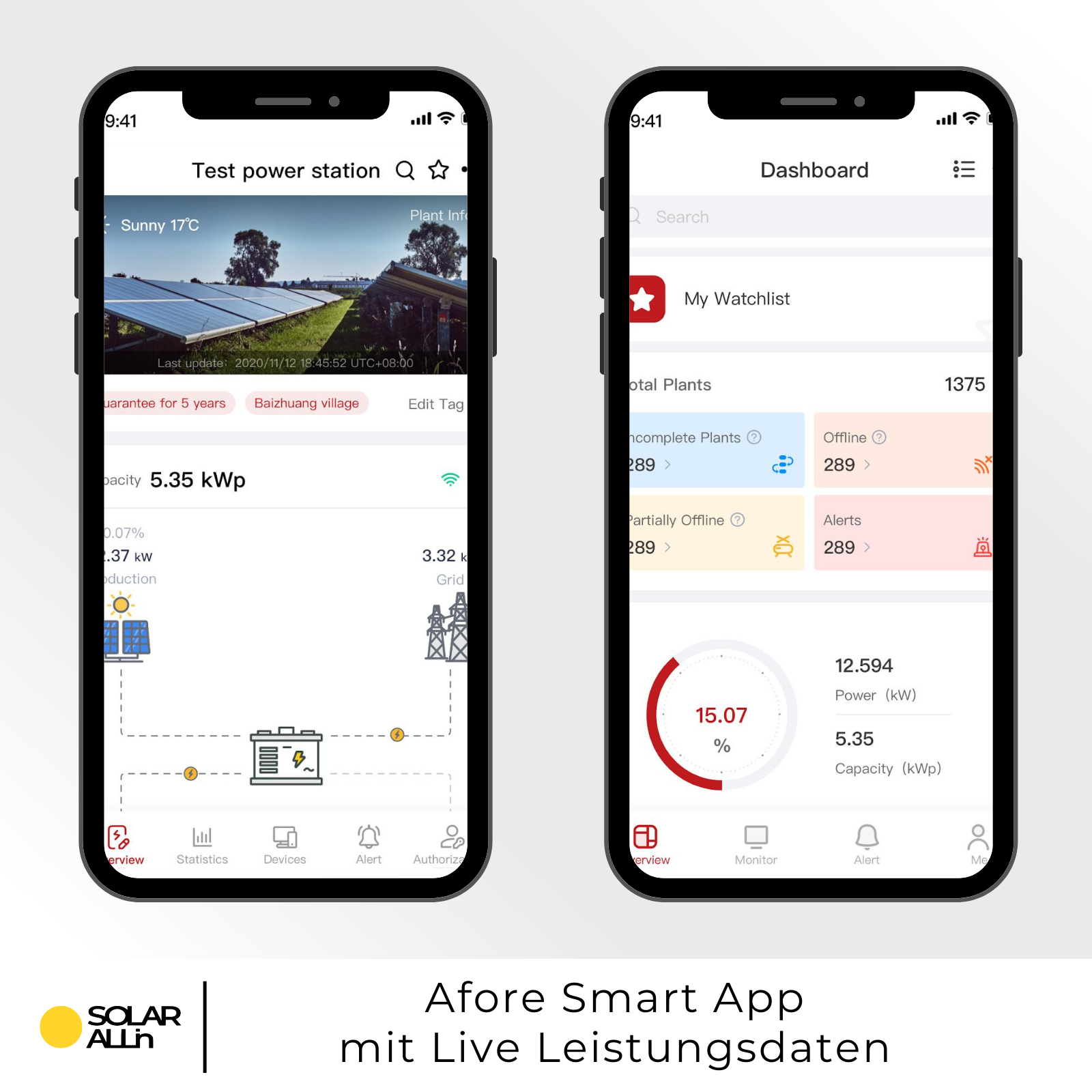 Zwei Telefone zeigen Daten an. Text sagt 'Solar Alln' und 'Afore Smart App'.