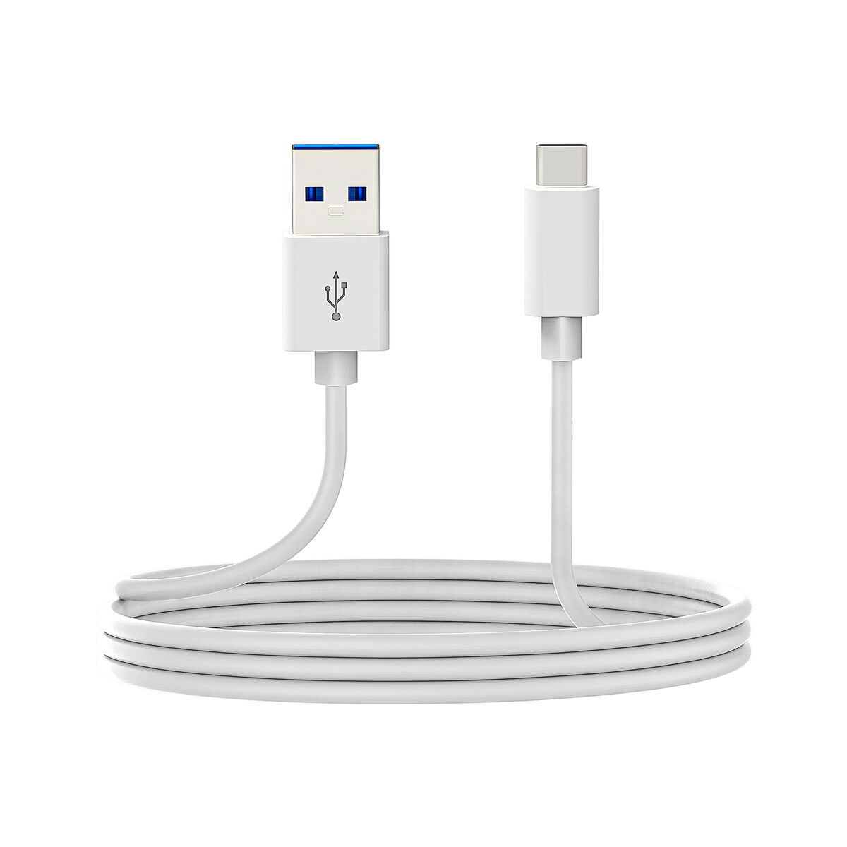 Cavo bianco da USB a USB-C. Il cavo è curvo su sfondo bianco.