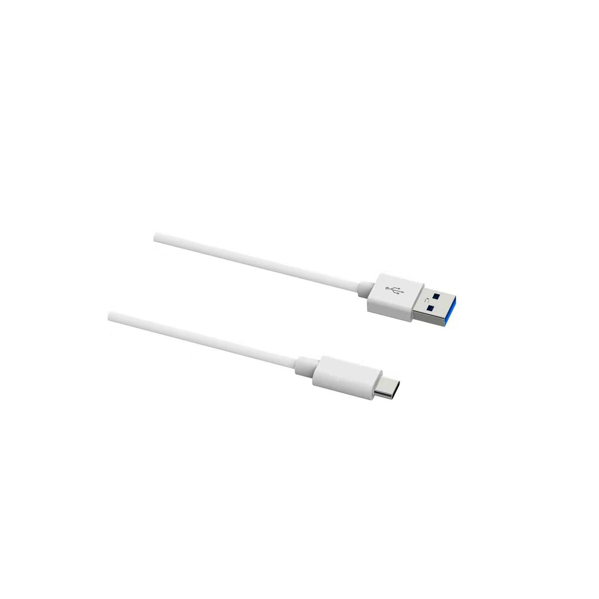 Cavo USB bianco con connettori USB-A e USB-C su sfondo bianco.