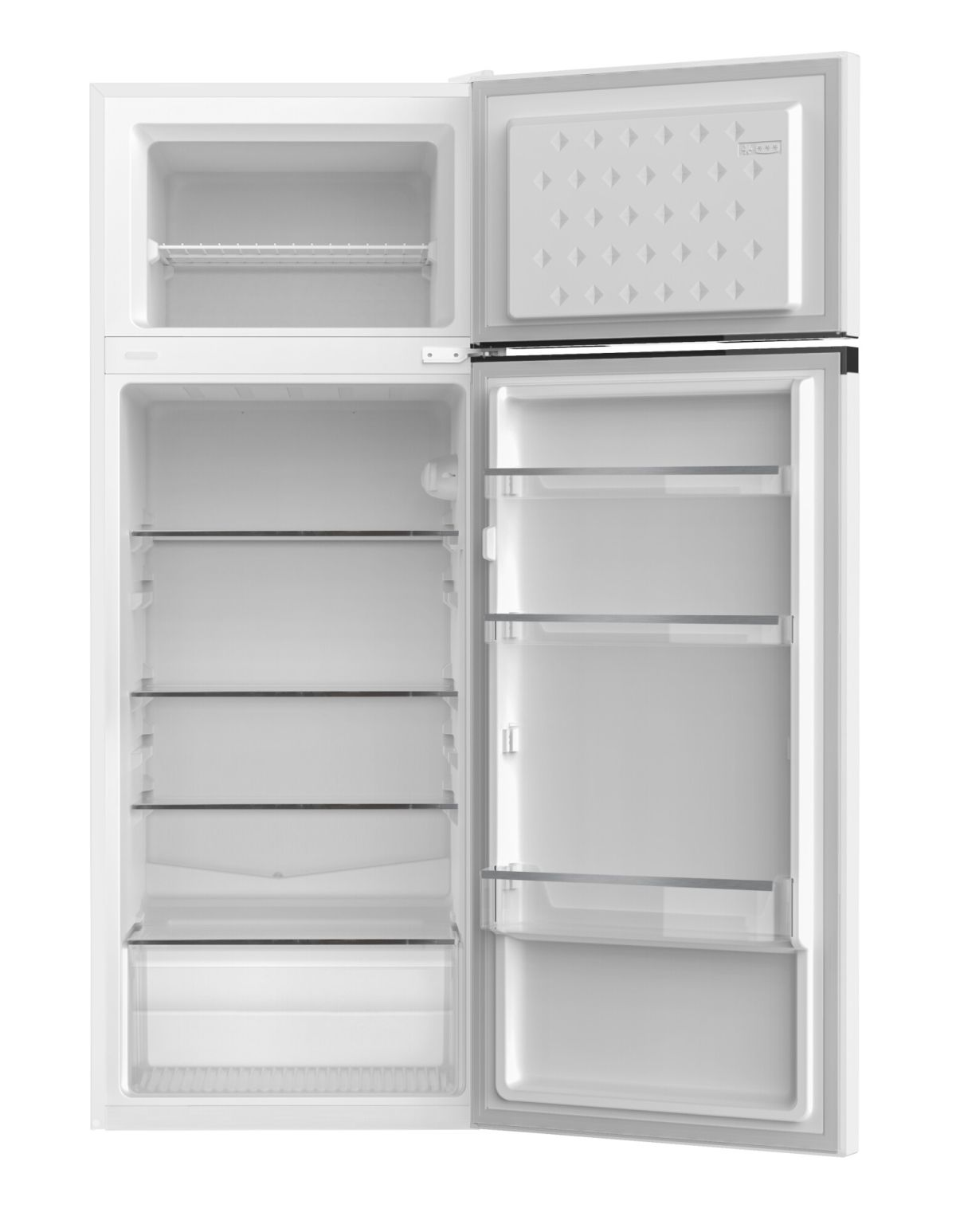 Weißer Kühlschrank, geöffnet, mit Regalen und Fächern. Die obere Tür ist geöffnet.