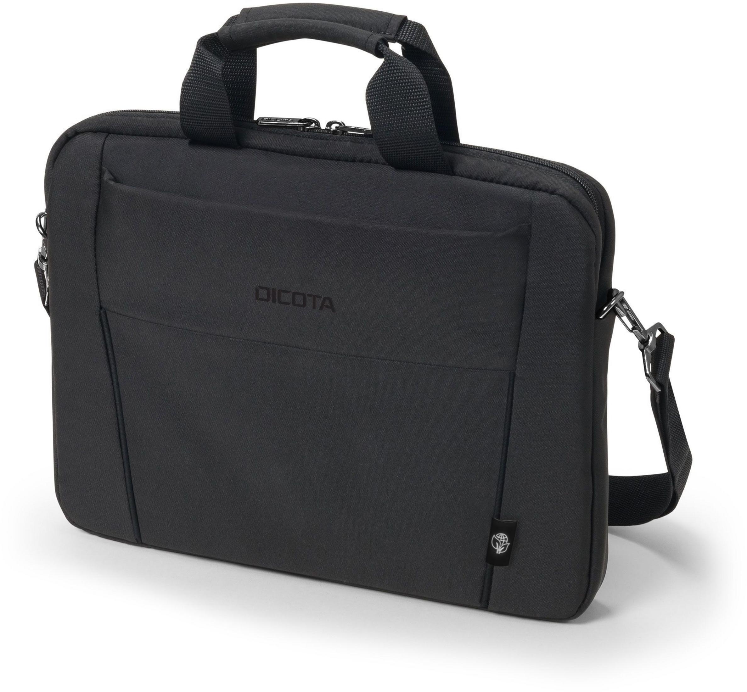 Schwarze Laptoptasche mit Griff und Schultergurt auf schwarzem Hintergrund. Marke Dicota.