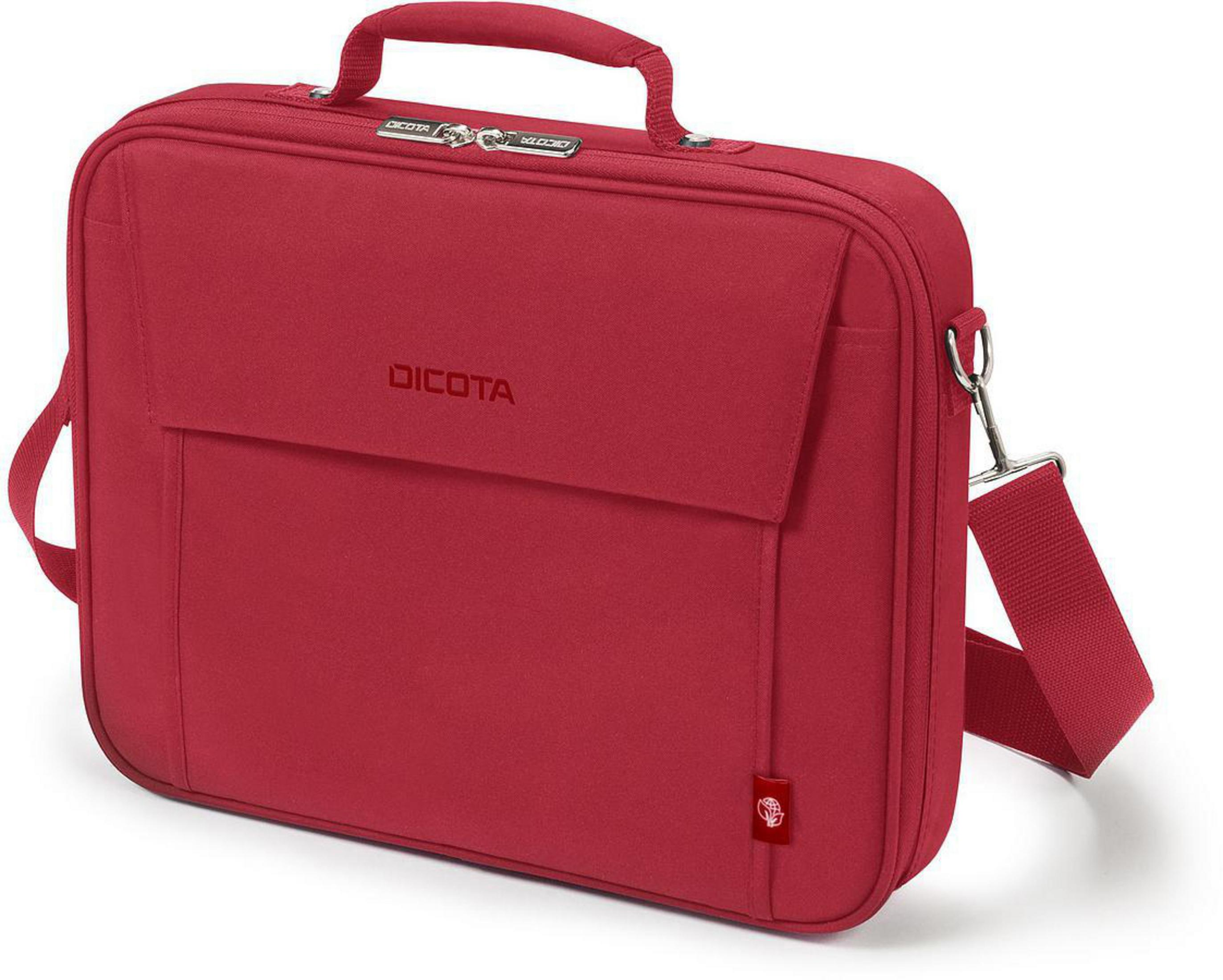 Rote Dicota Laptoptasche mit Klappe und Schulterriemen. Die Tasche befindet sich auf weißem Hintergrund.