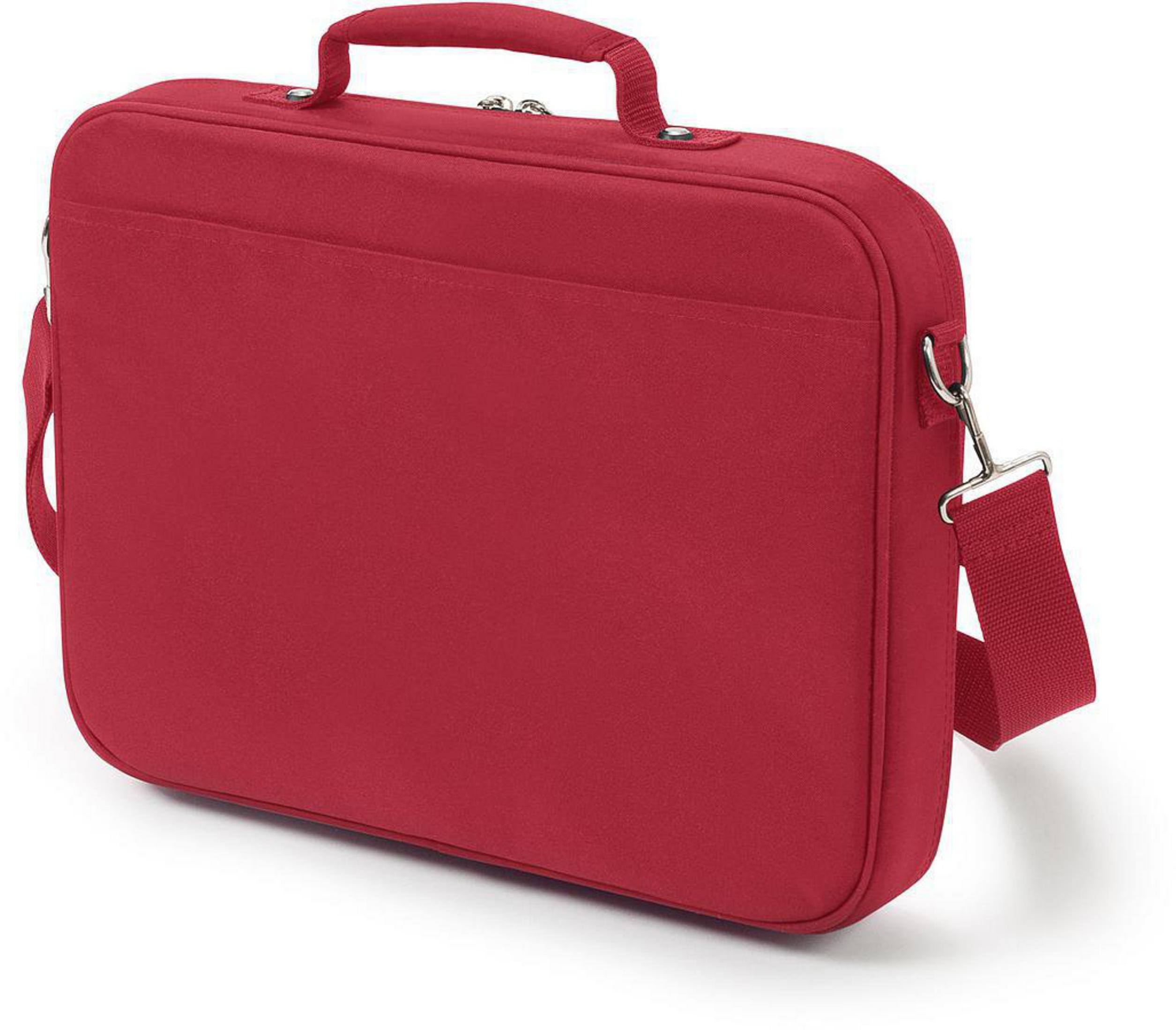 Borsa rossa per laptop con tracolla e manico, su una superficie bianca. Con tasca frontale.