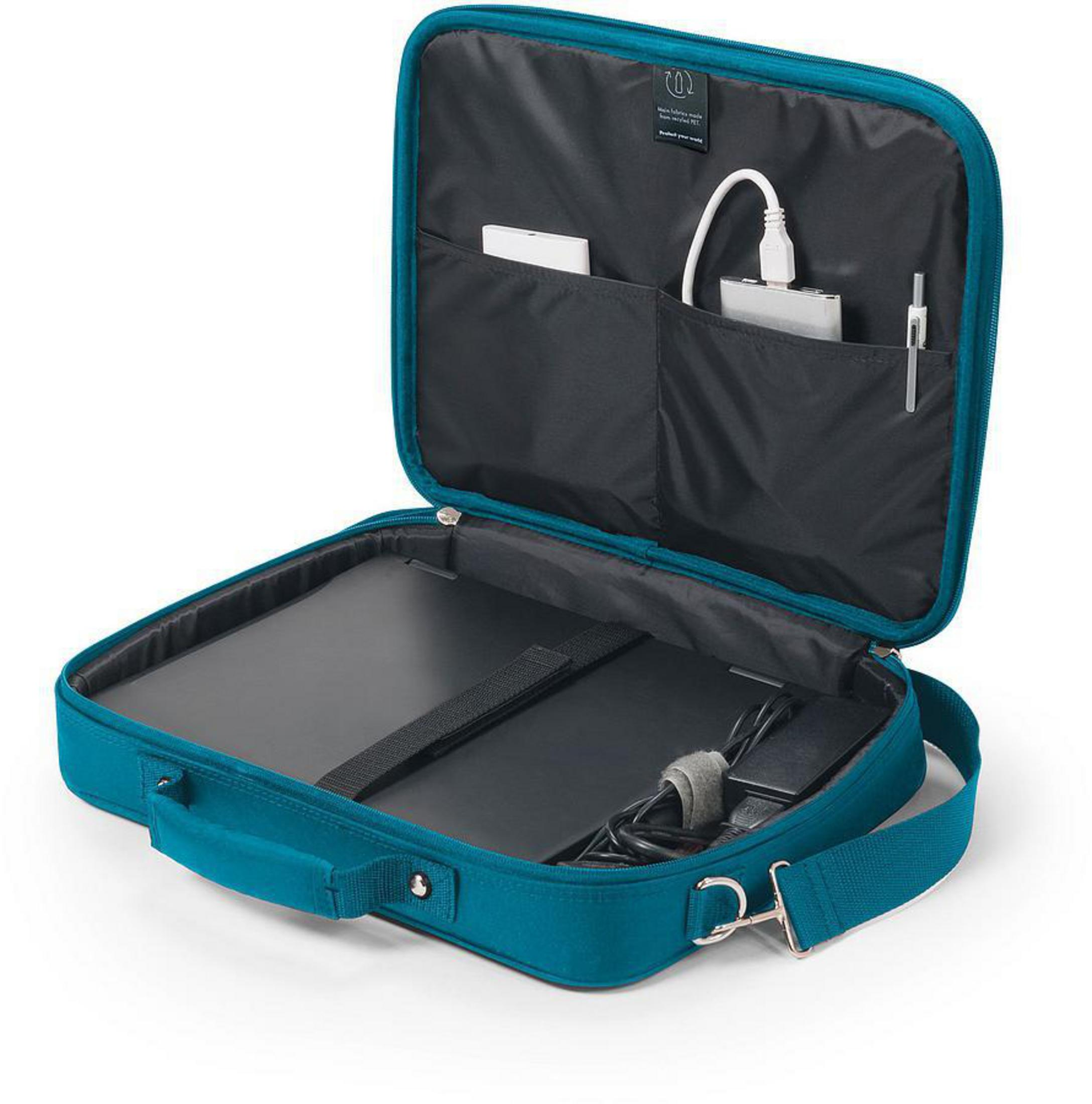 Eine offene, türkisfarbene Laptoptasche mit Laptop, Ladegerät und Zubehör. Ein Griff und ein Gurt sind befestigt.