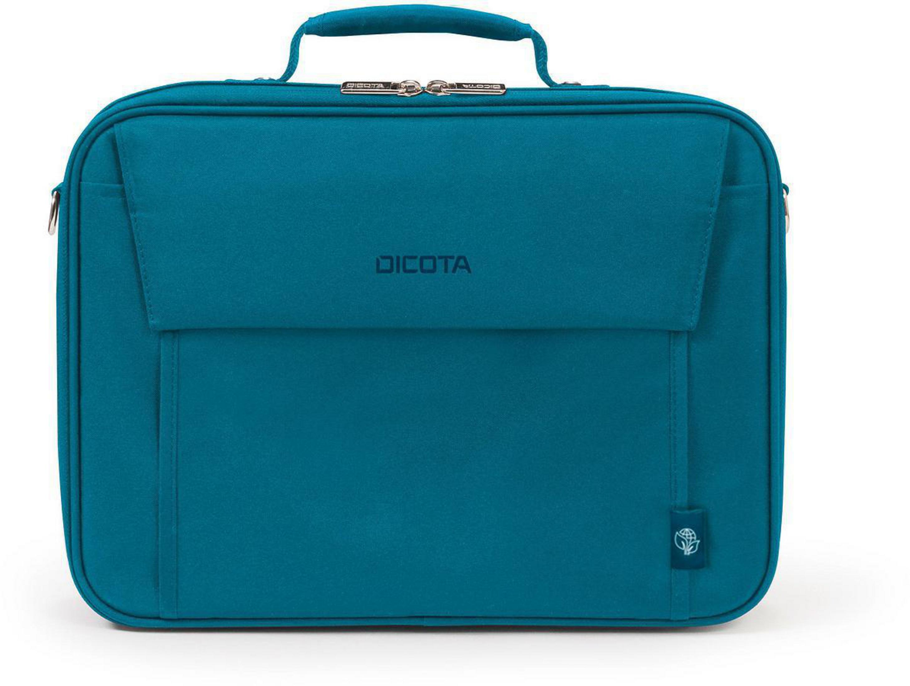 Türkisfarbene Laptoptasche mit Henkel und Fronttasche, DICOTA-Logo sichtbar.