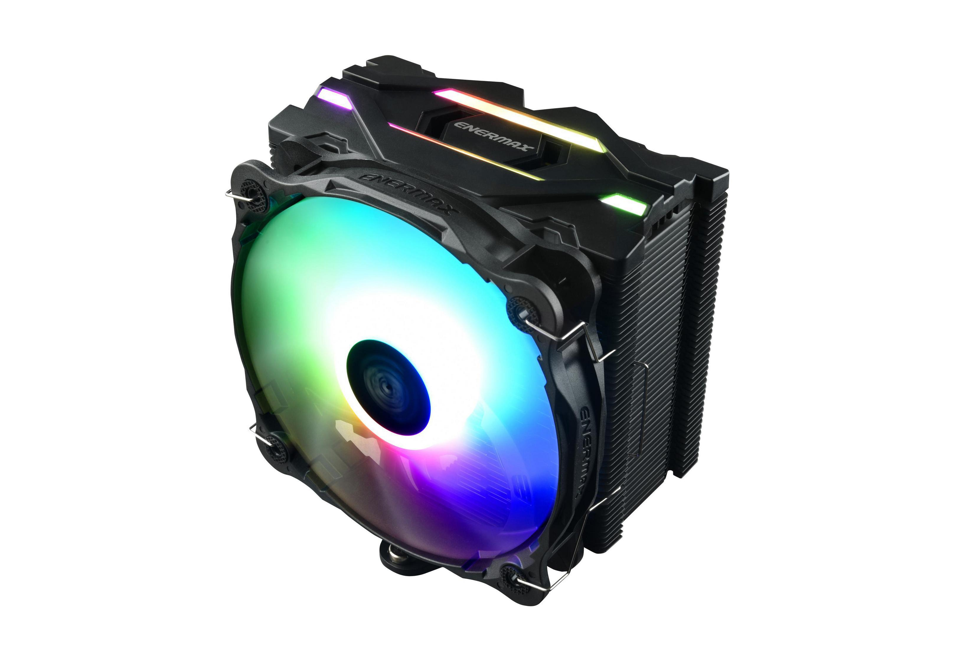 Çok renkli bir fana sahip siyah CPU soğutucu. Fan dairesel tasarıma ve siyah bir soğutucuya sahip.