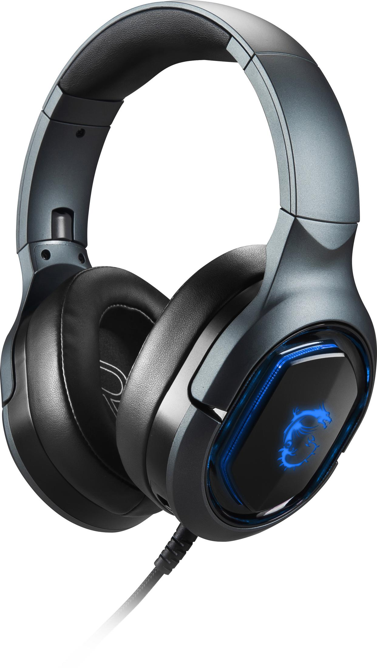 Auriculares gaming MSI. Auriculares negros con luz de logotipo azul. Diadema plateada, cable negro.
