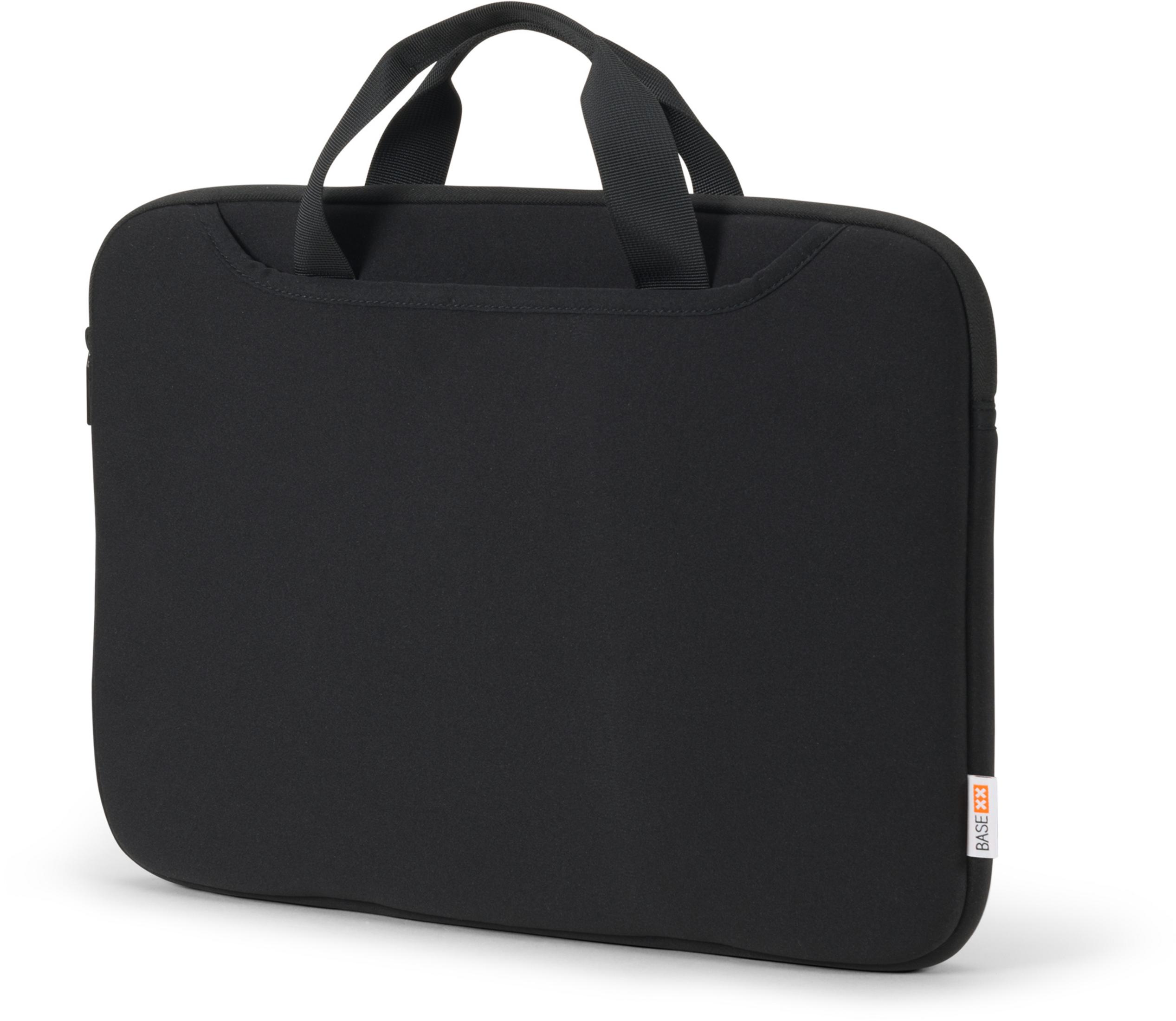 Una borsa per laptop nera con manici. La borsa è semplice e ha una piccola etichetta bianca sul lato.