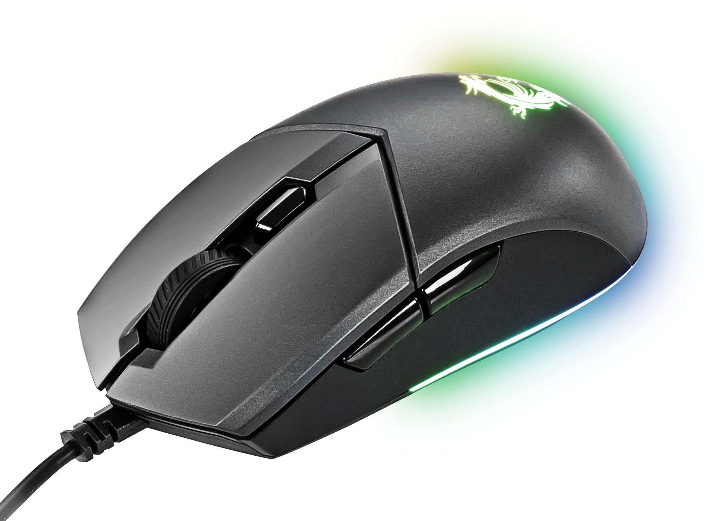 Ratón gaming negro con botones laterales, rueda de desplazamiento y luces LED. Blanco.