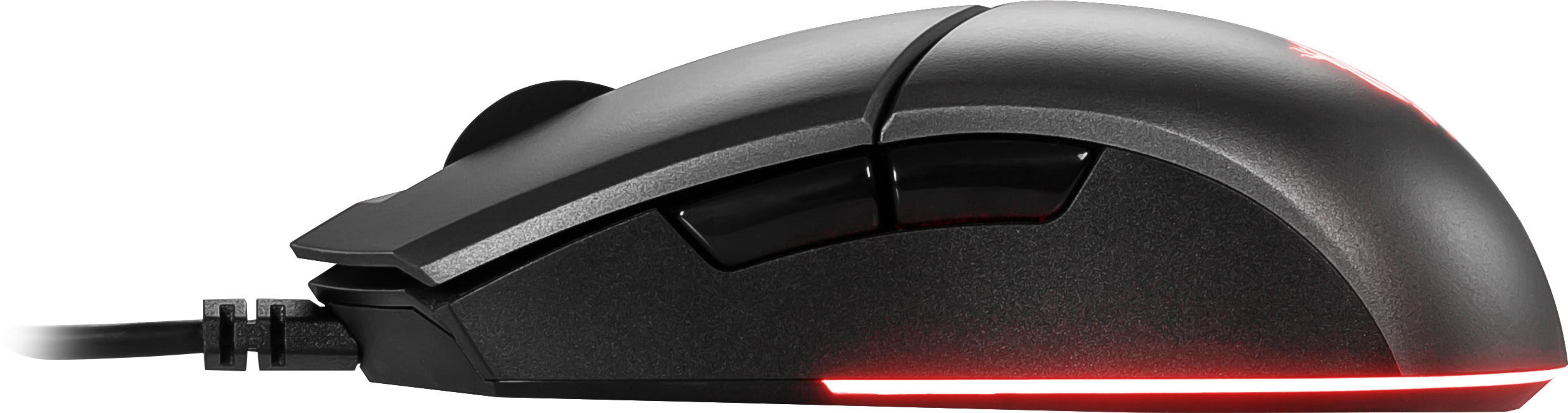 Un ratón para juegos negro con iluminación roja. Tiene botones laterales y un cable.
