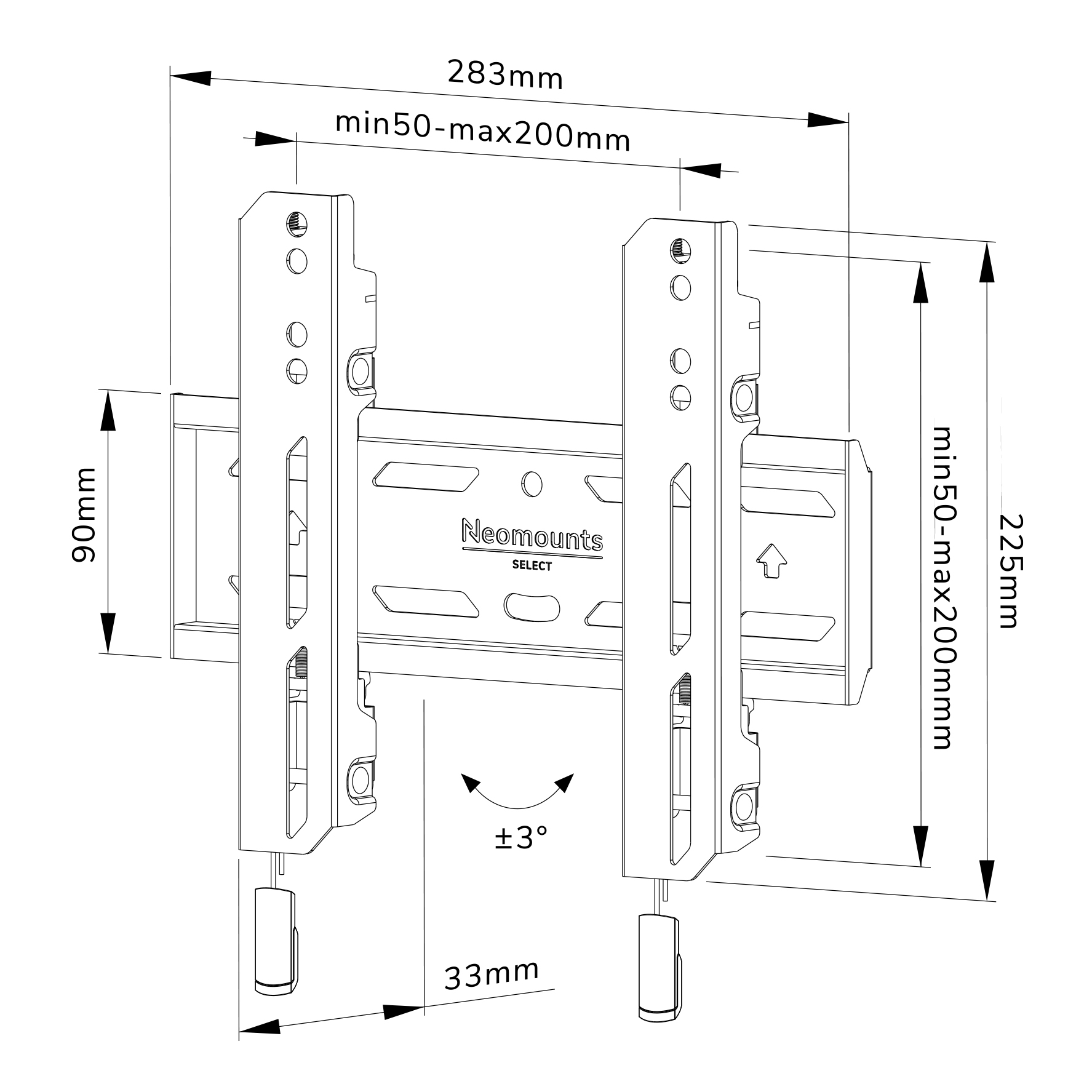 Zwart-witte technische tekening van een tv-beugel. Afmetingen en hoeken worden weergegeven.