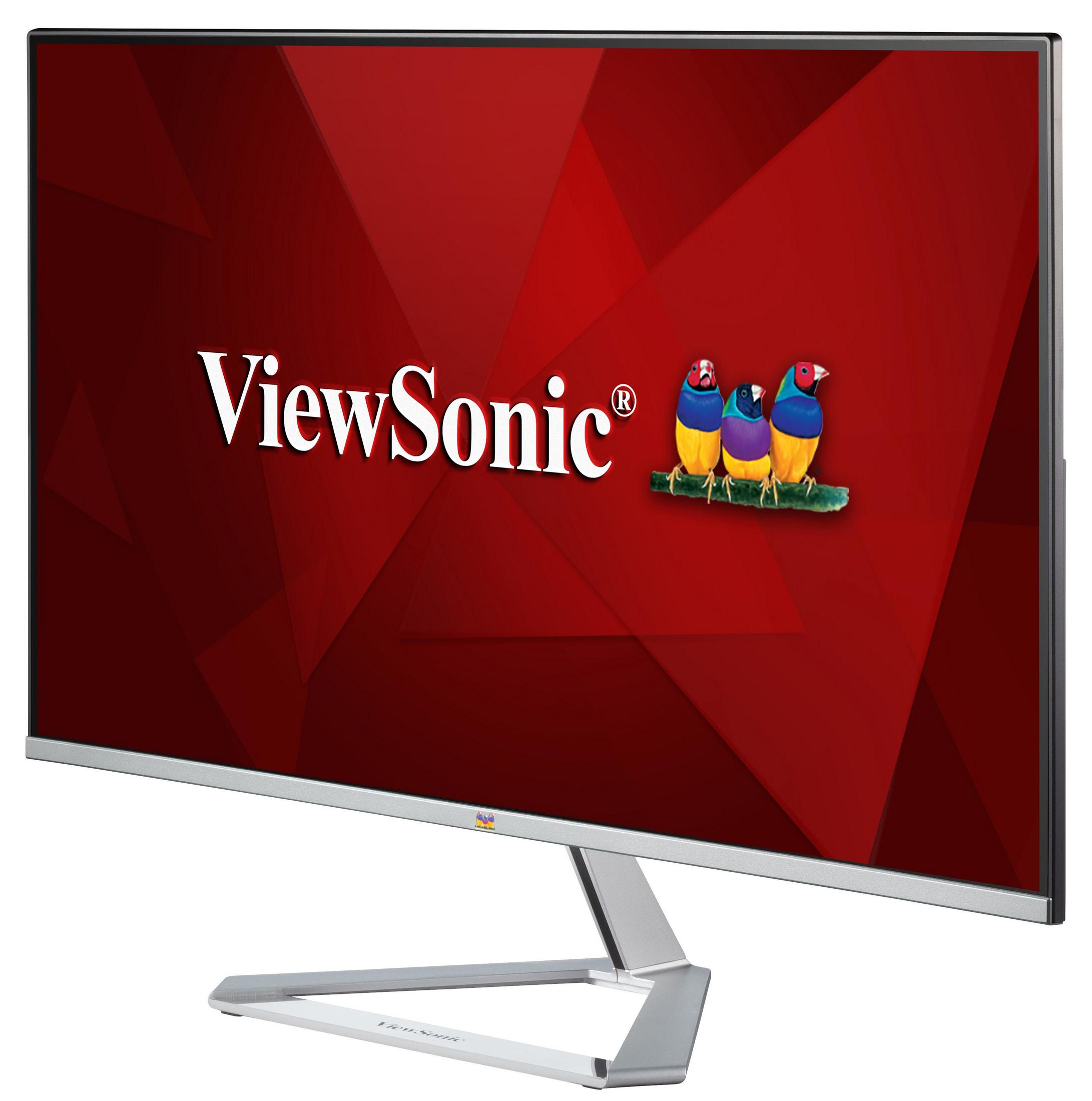 ViewSonic monitor met rode achtergrond en logo. Drie vogels op een tak.