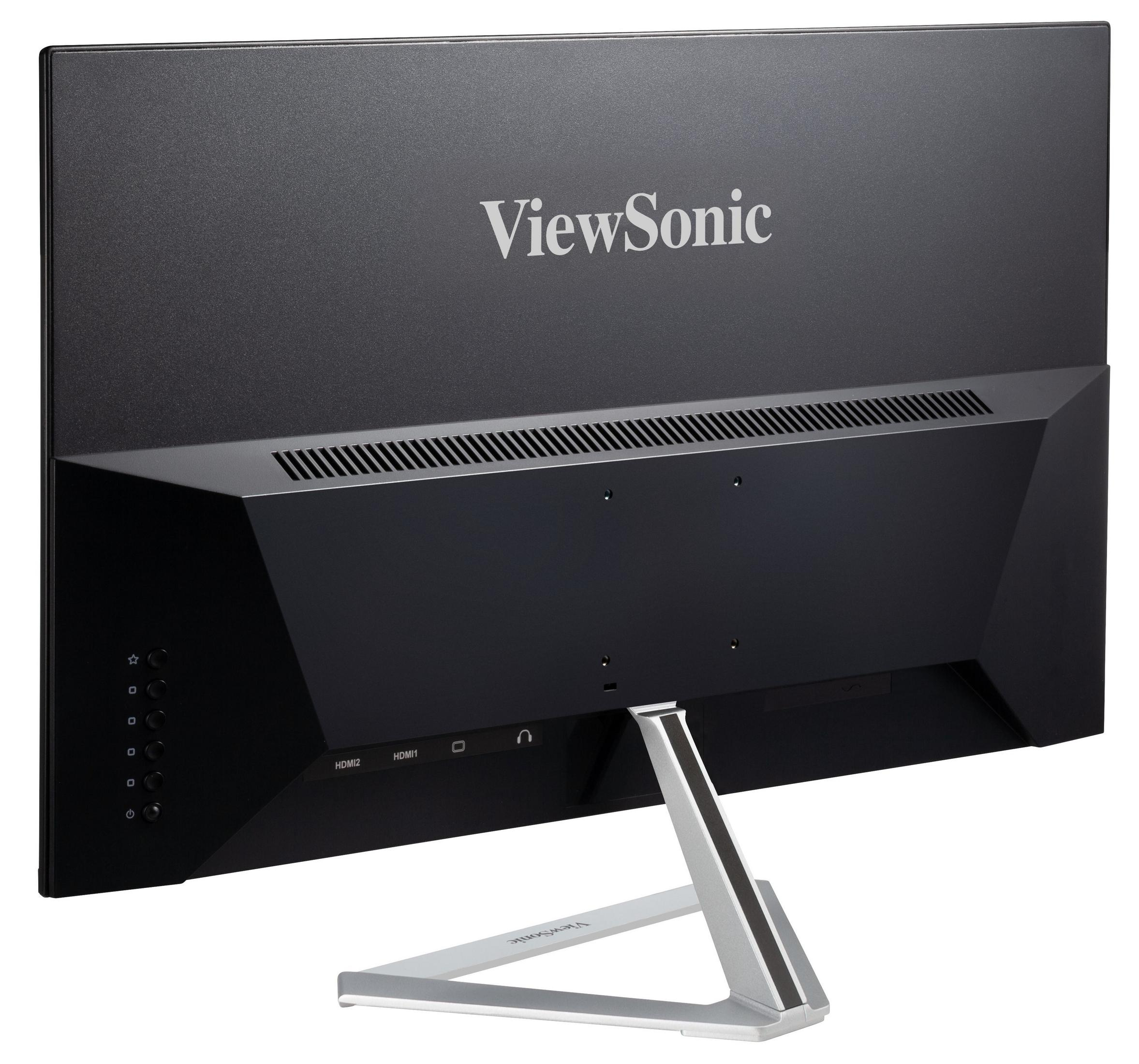 Zwarte ViewSonic monitor van achteren, met poorten, standaard en logo. Hoekig ontwerp met een zilveren standaard.