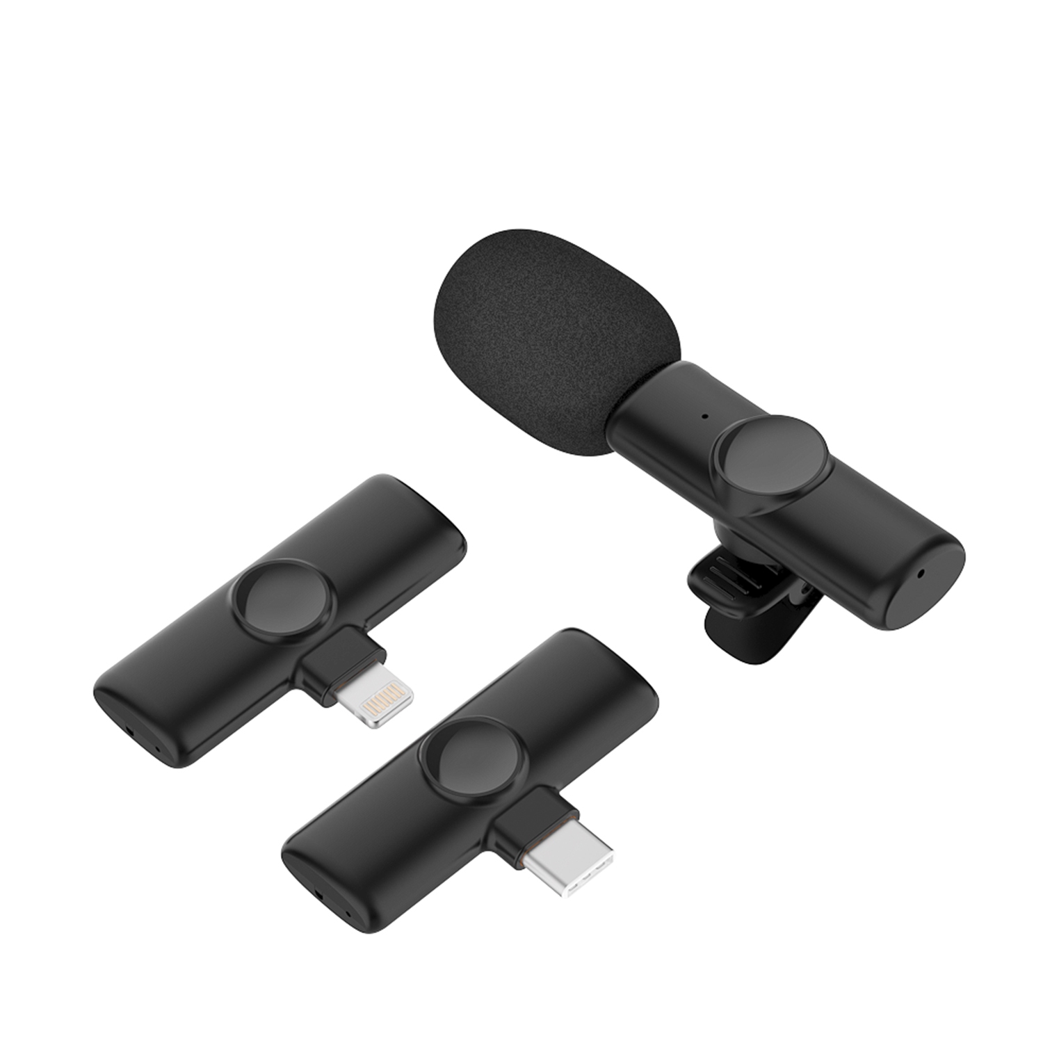 Tre microfoni wireless neri: uno con clip e due con diversi tipi di connettore per dispositivi.