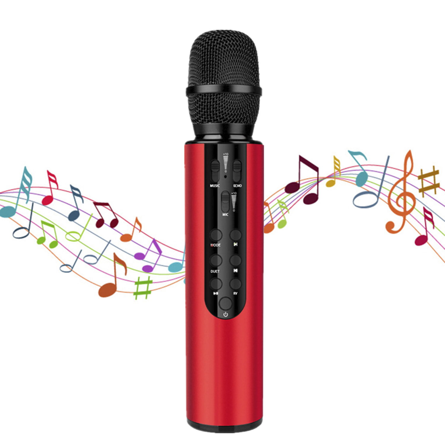 Microfono karaoke rosso con pulsanti, note musicali intorno. Il microfono su sfondo bianco.
