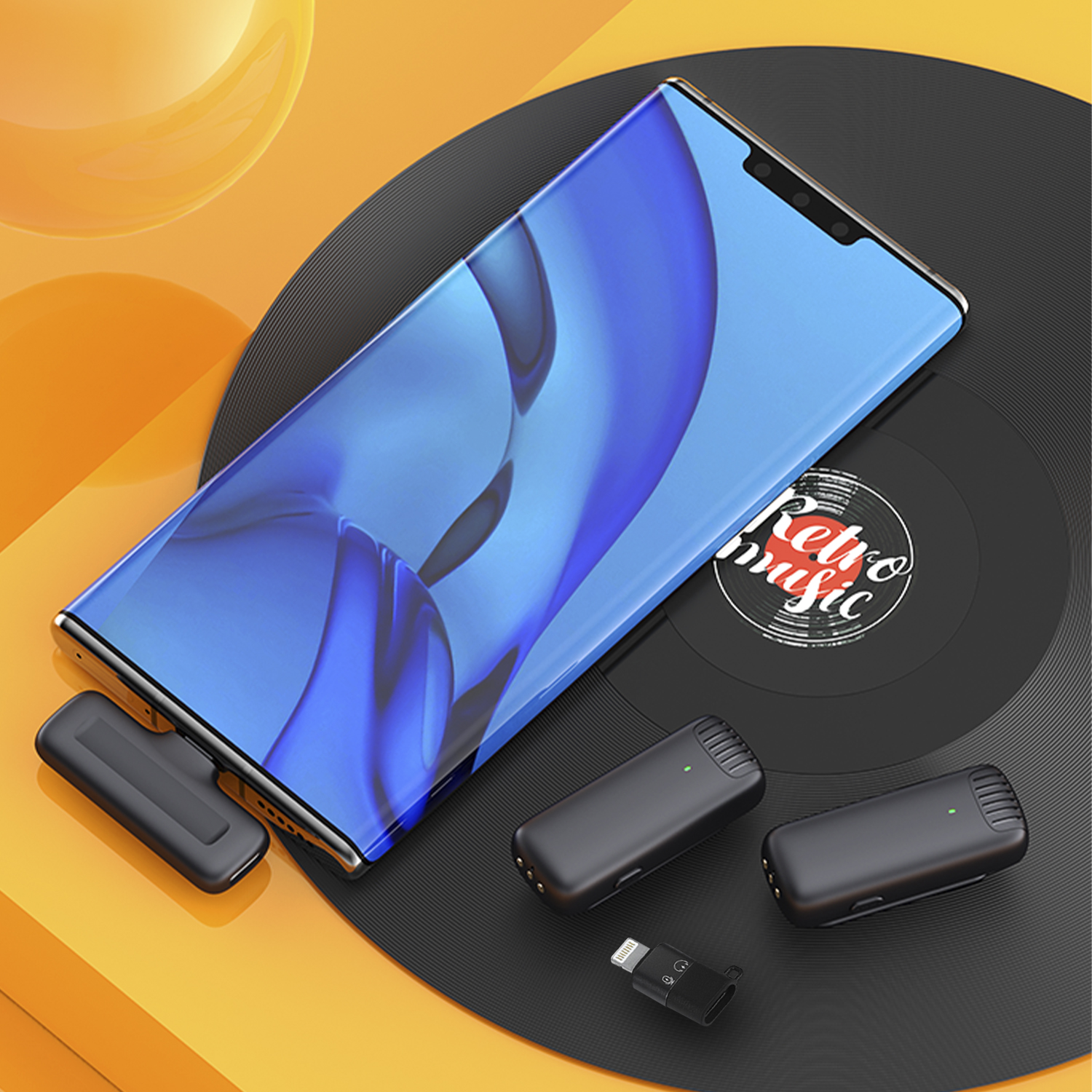 Un smartphone sobre un disco de vinilo con micrófonos inalámbricos y cargadores, y un logo de música retro.