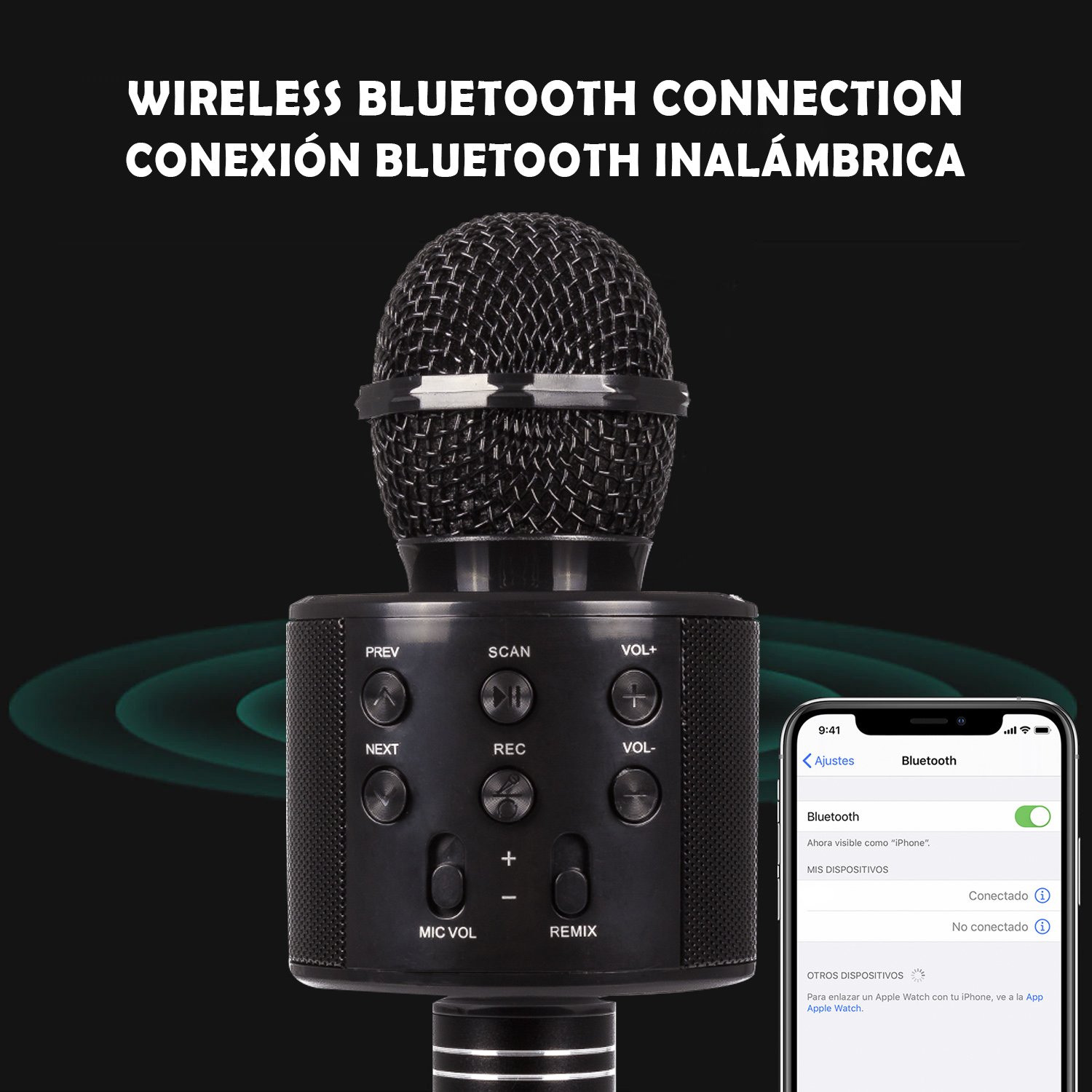 Microfono wireless nero con telefono che mostra la connessione Bluetooth.