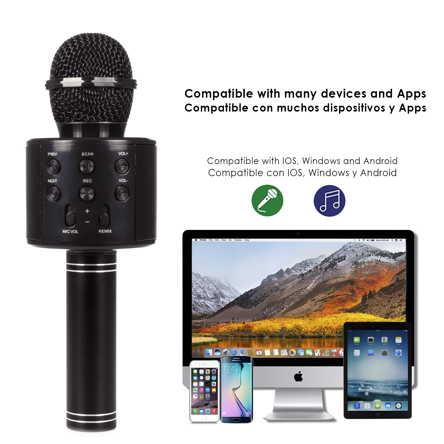 Microfono nero con smartphone, tablet e computer. Compatibile con molti dispositivi.