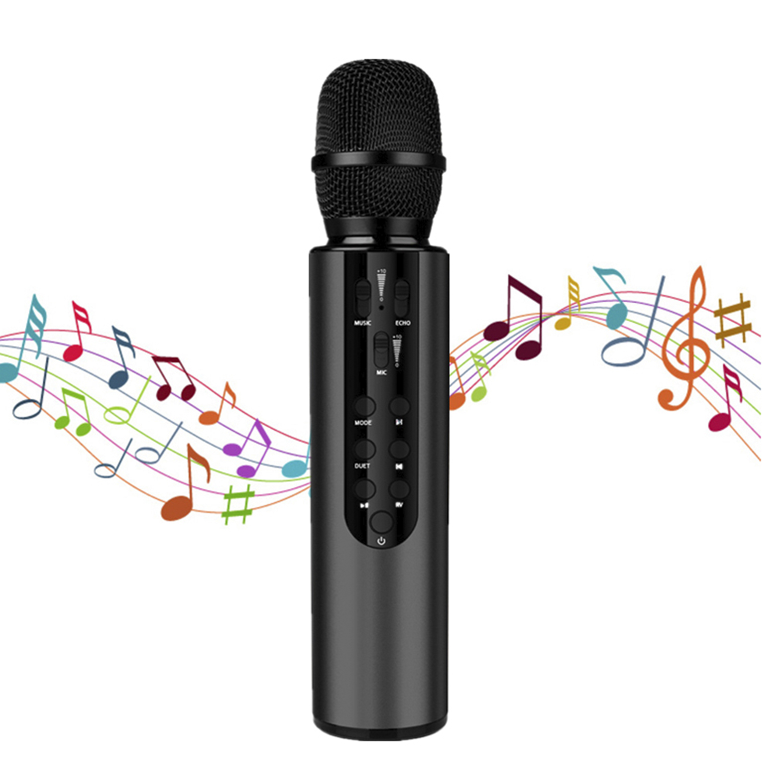 Microfono nero con note musicali intorno.