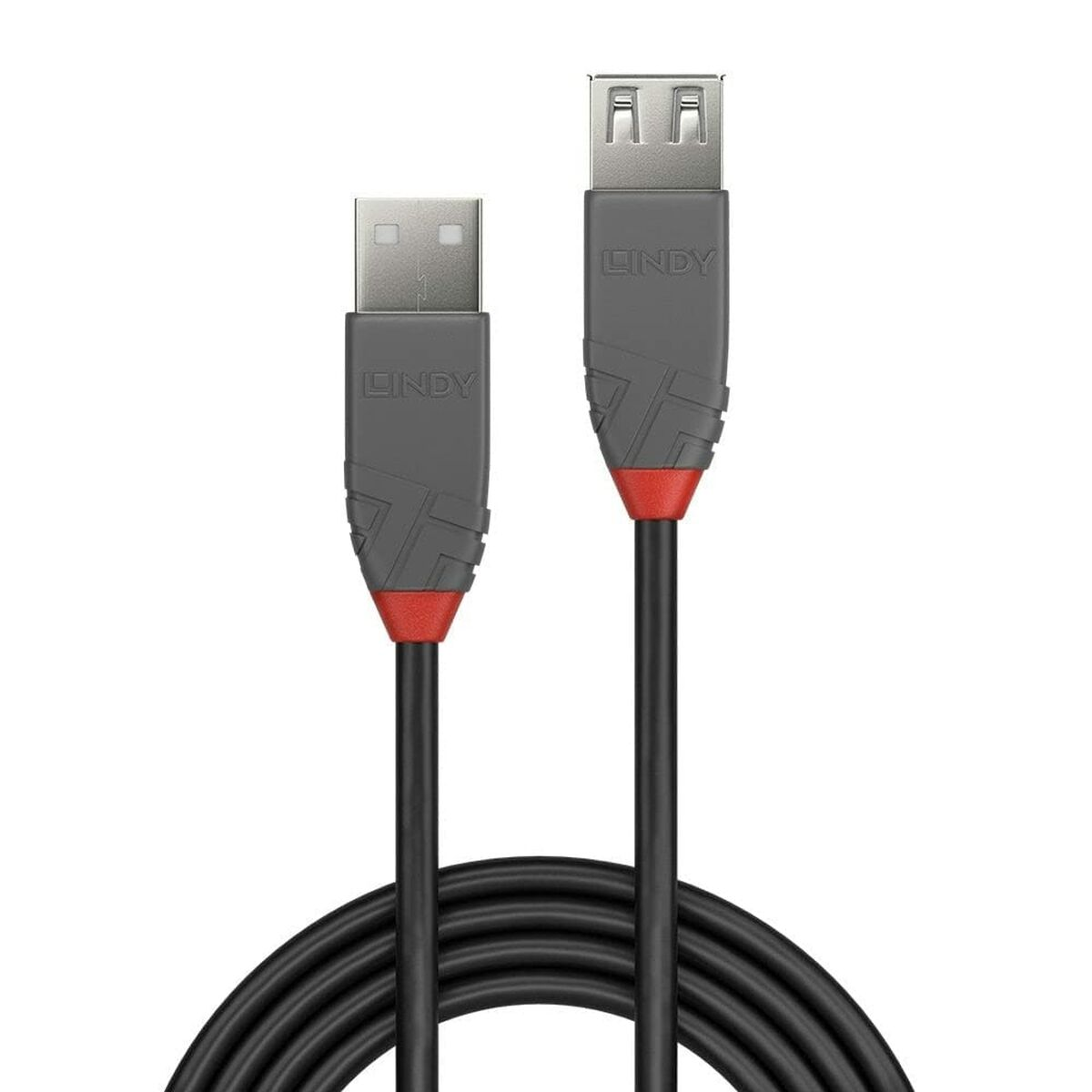 Dos cables USB negros, con la etiqueta 'LINDY', con detalles grises y rojos, están enrollados. Uno tiene un conector USB-A.