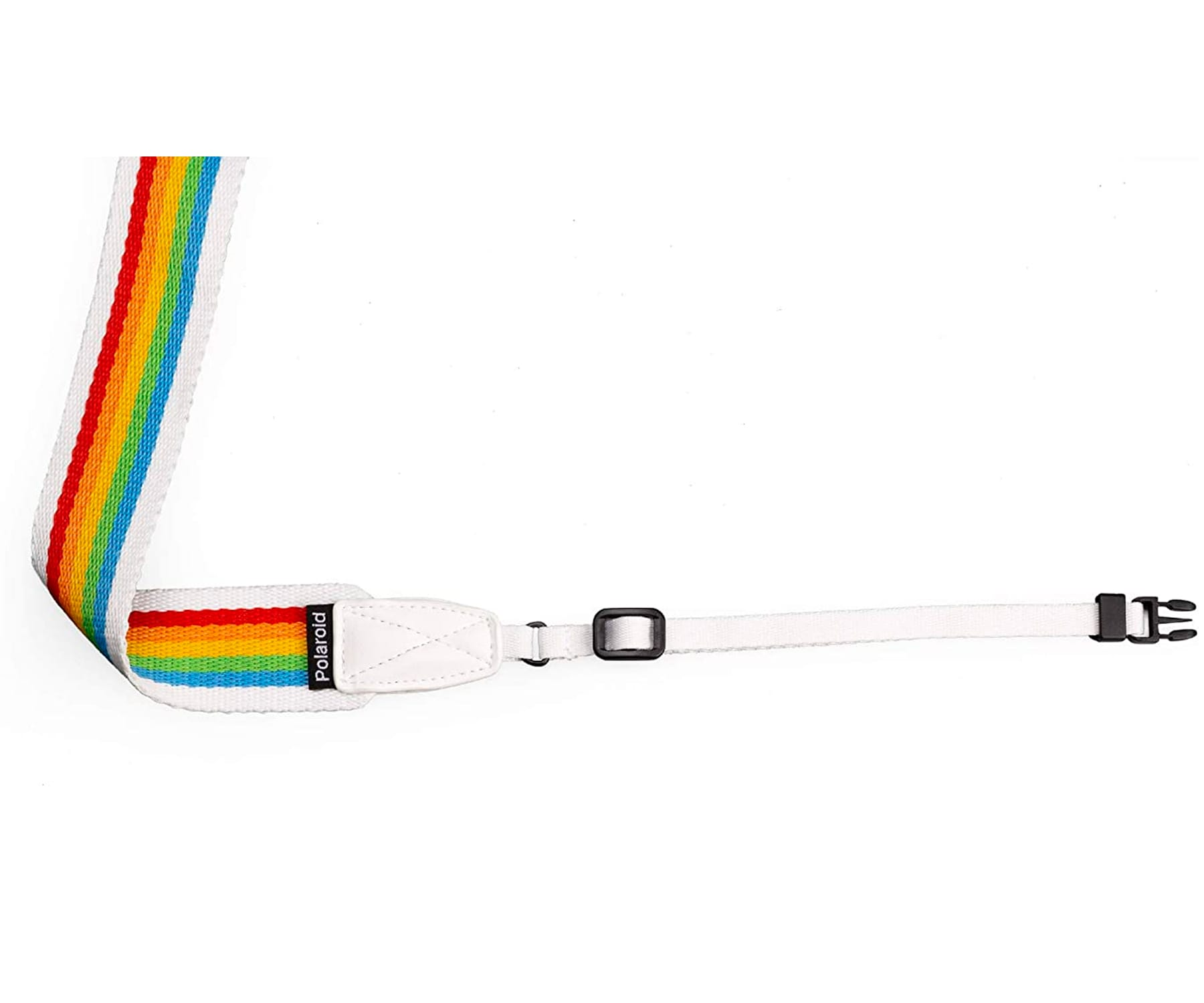 Biały pasek do aparatu Polaroid z tęczowym wzorem. Posiada czarną klamrę i markę Polaroid.