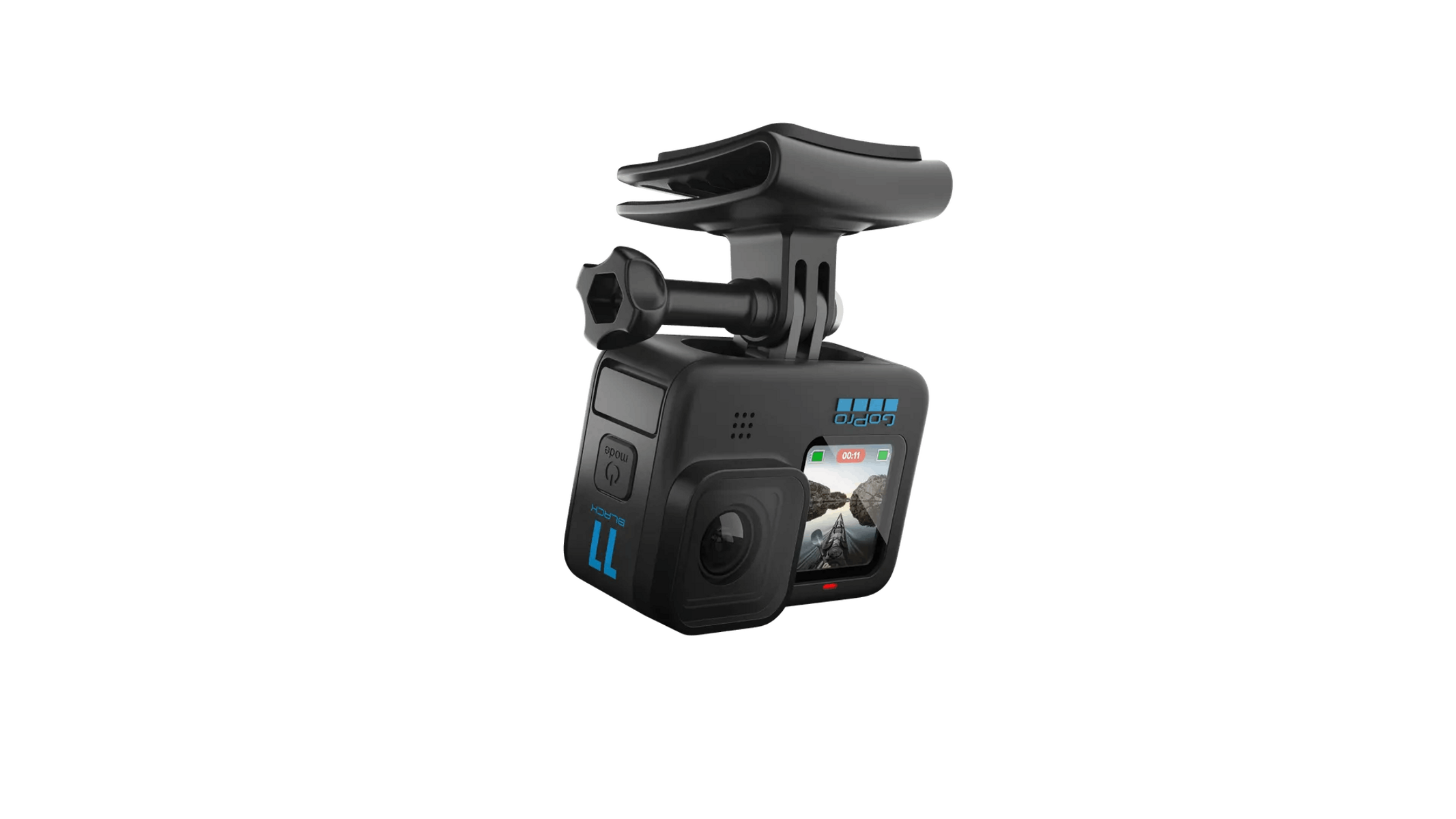 Czarna kamera GoPro z mocowaniem, pokazująca widok na żywo. Czarne tło.