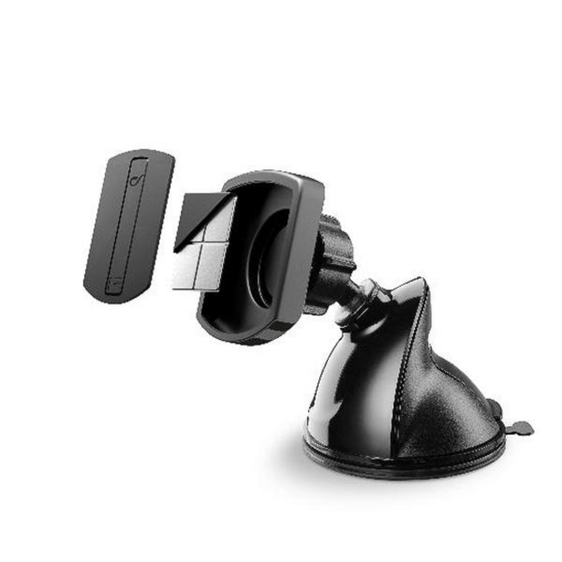 Un soporte para teléfono de coche negro con base de ventosa y soporte desmontable, aislado sobre fondo blanco.