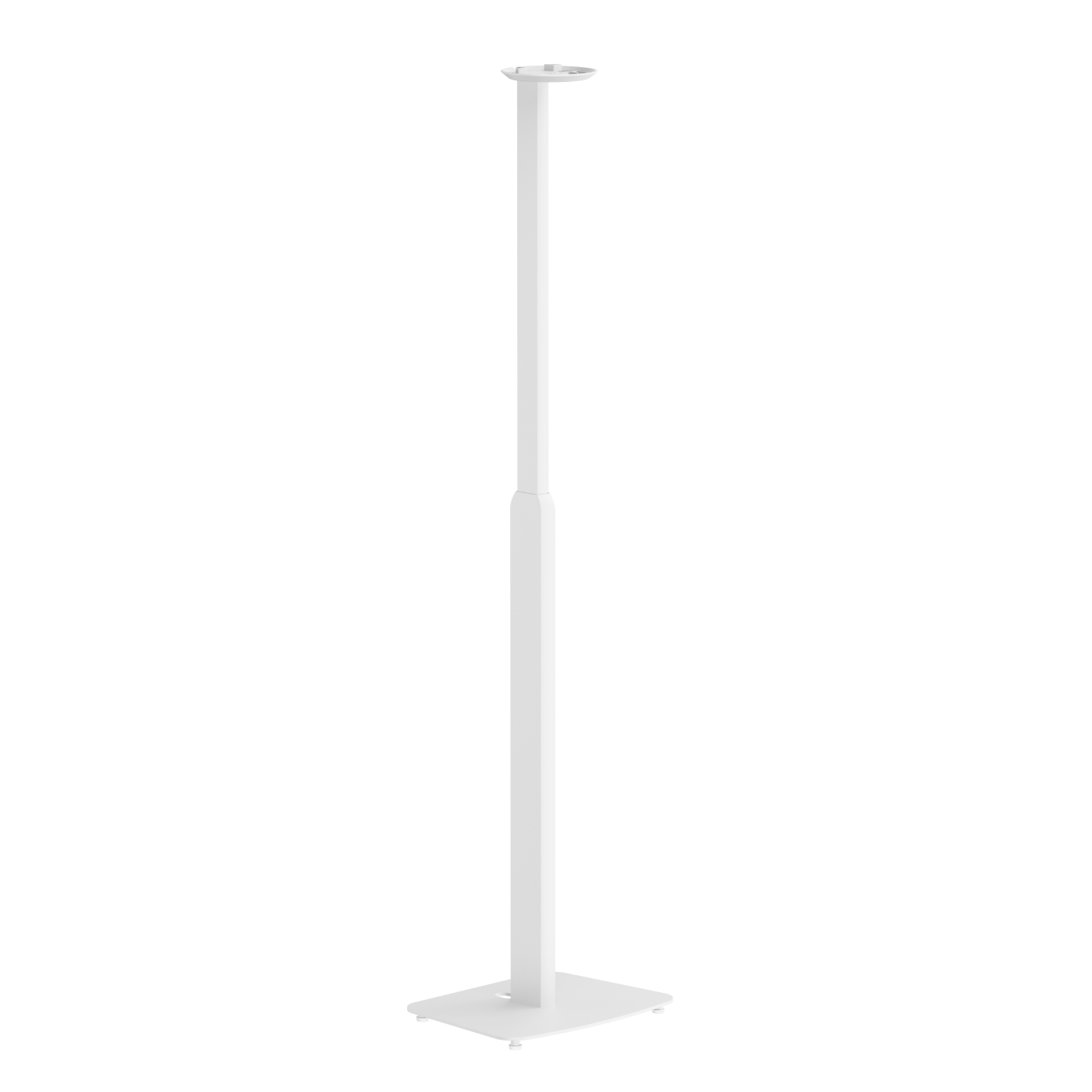 Een hoge, witte, rechthoekige standaard voor een luidspreker, met een vierkante basis.