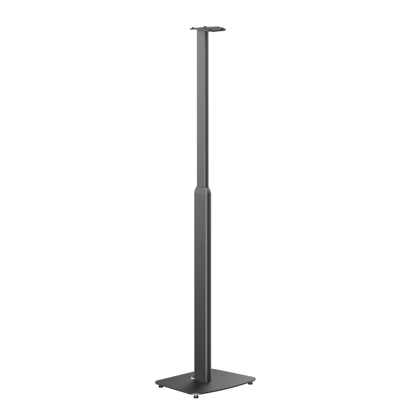 Een hoge, donkergrijze metalen standaard op een vierkante basis. Het is een vloerstandaard.