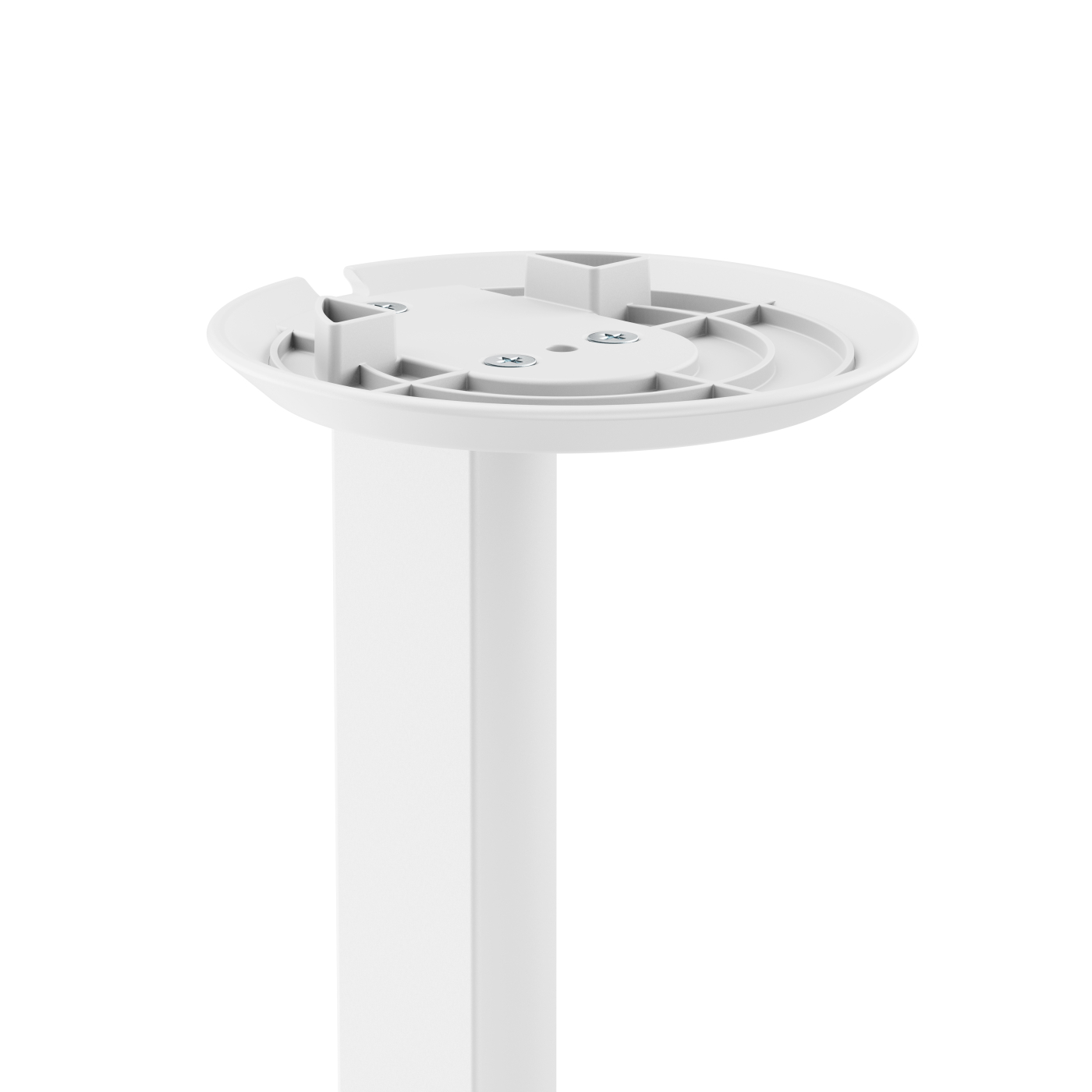 Een witte standvoet met een cilindrische paal, voor het monteren van een object.