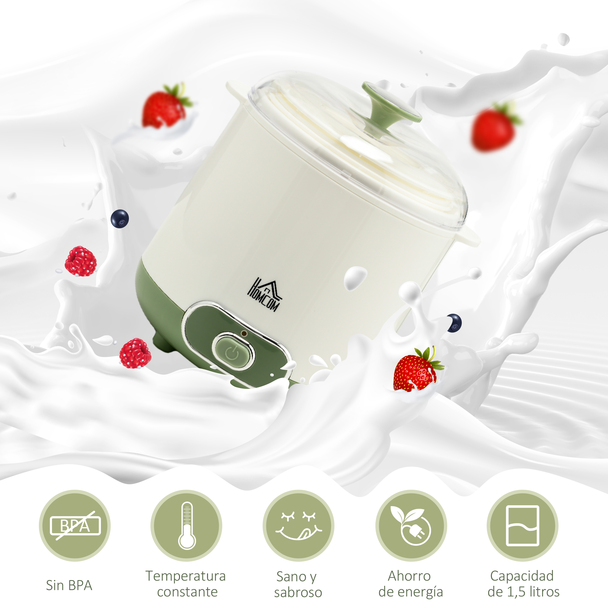 Olla blanca y verde con salpicaduras de leche, fresas y arándanos alrededor.