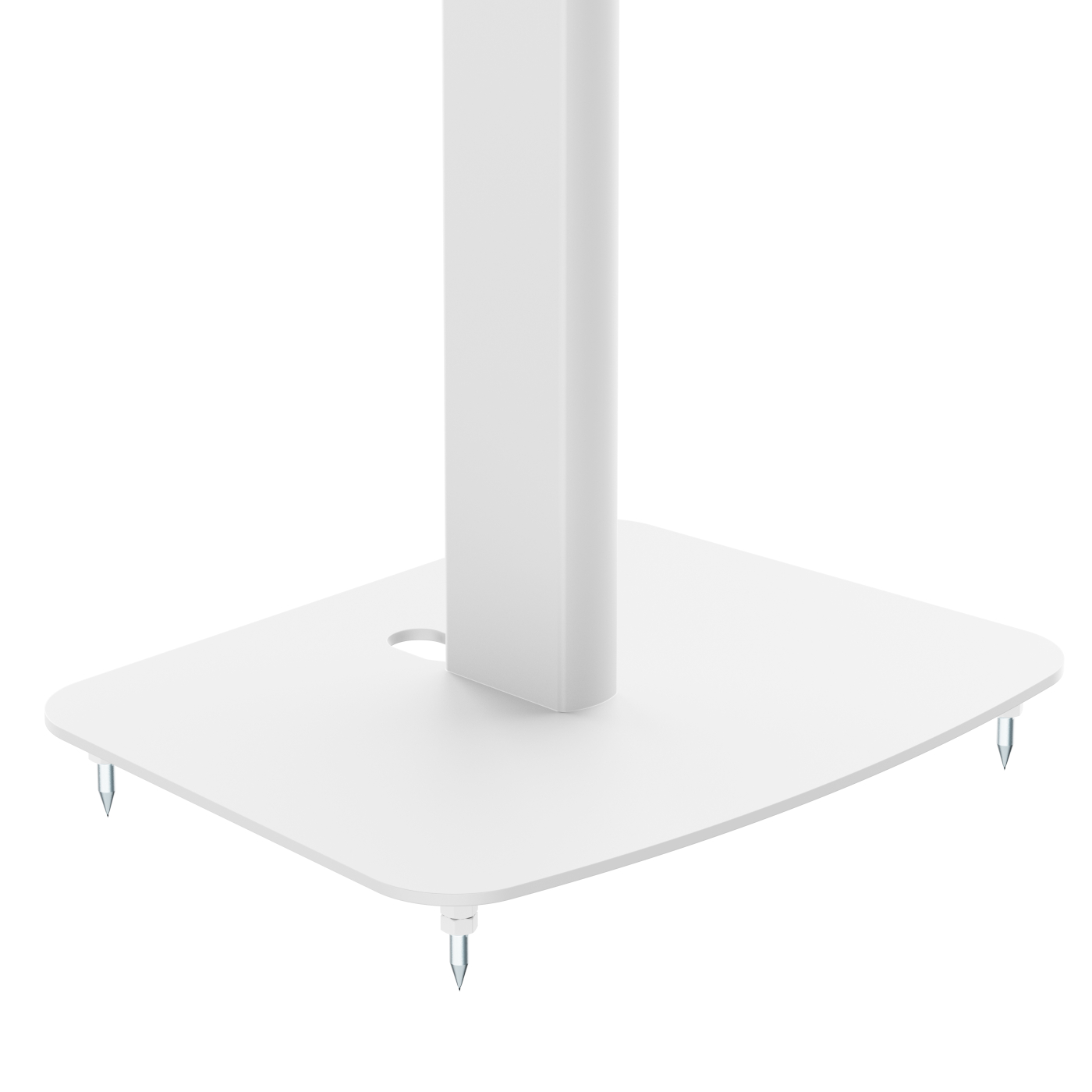 Een witte standvoet met drie metalen spikes wordt getoond op een witte achtergrond.