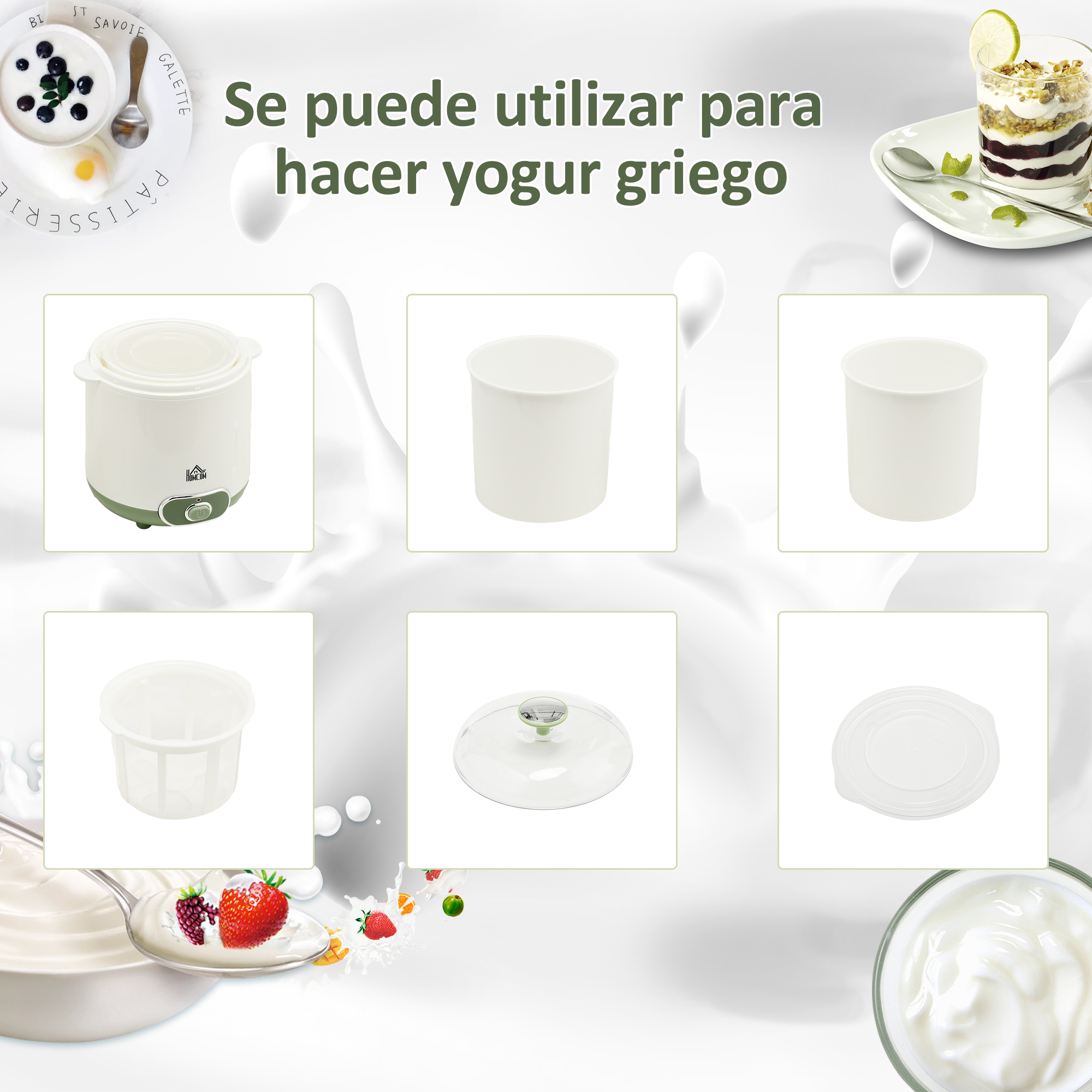 Varios componentes para hacer yogur griego, con un texto en español.