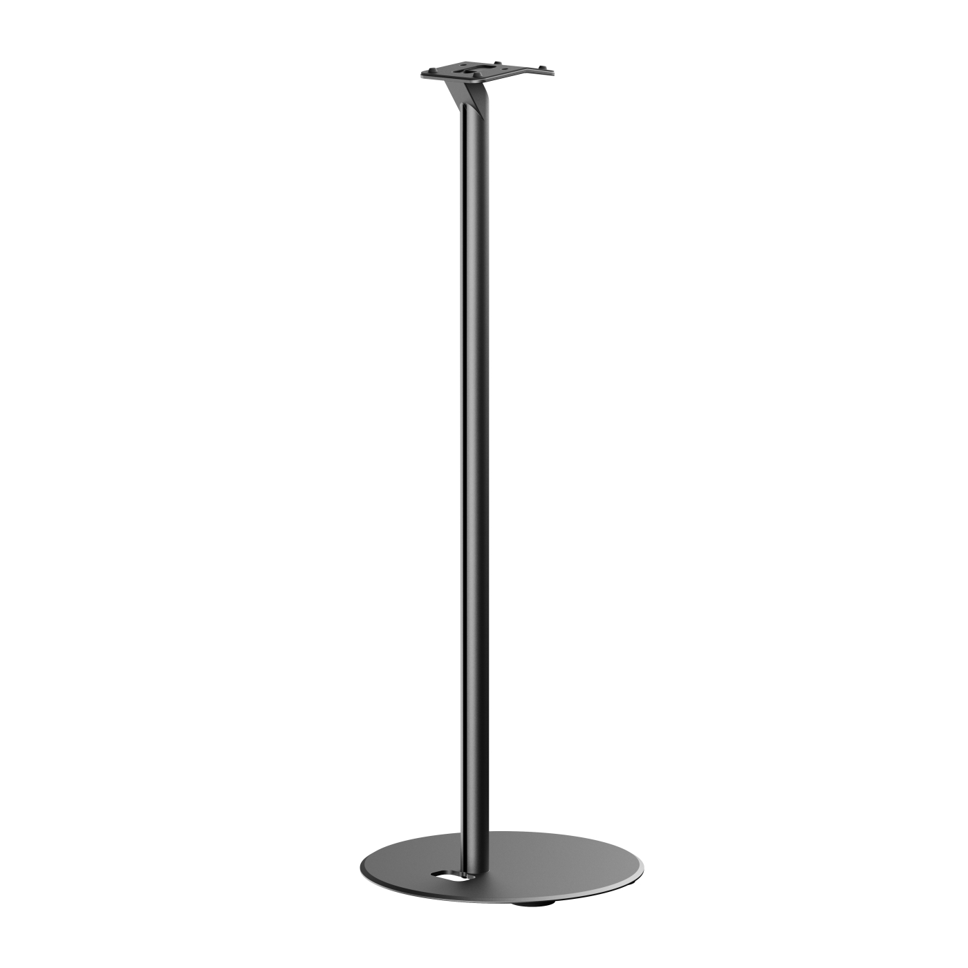 Een zwarte luidsprekerstandaard met een ronde basis en een lange, slanke paal.