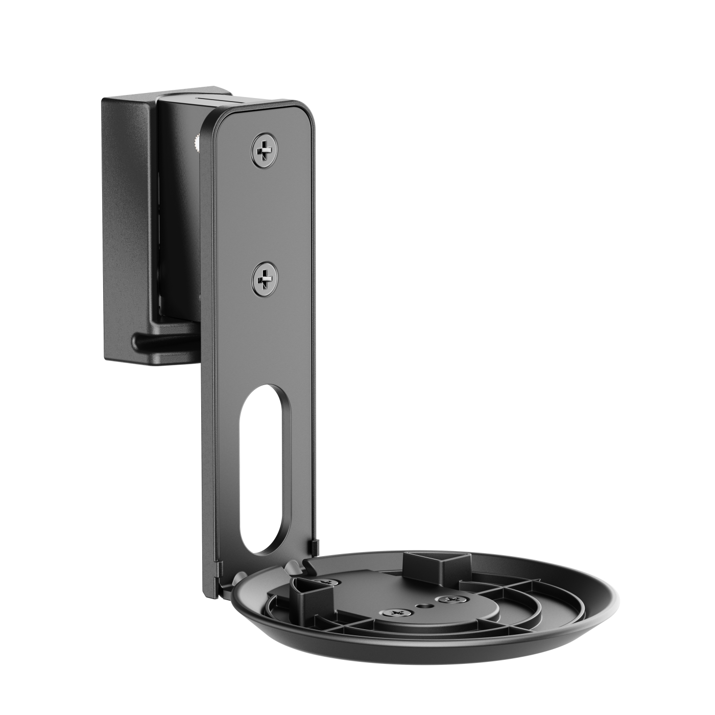 A black speaker wall mount, showing the bracket and the circular support.