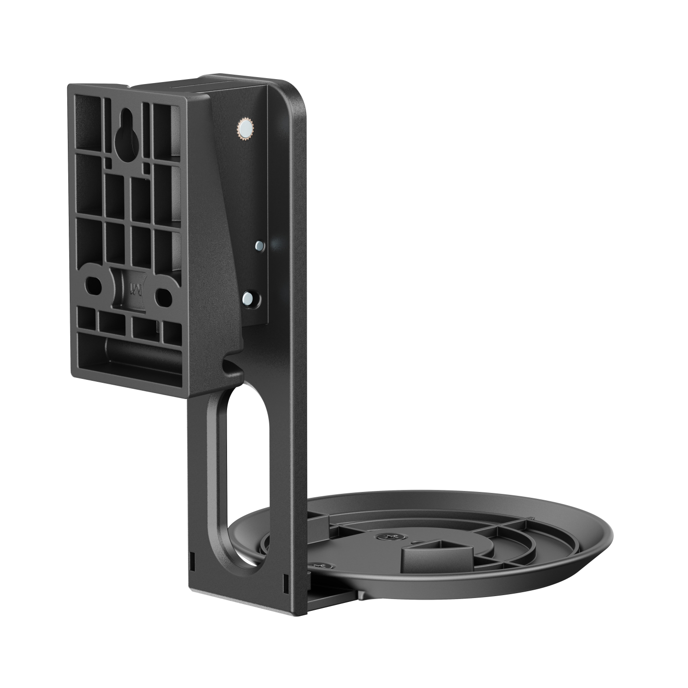Black wall mount for a speaker. It has a shelf and an upright arm.