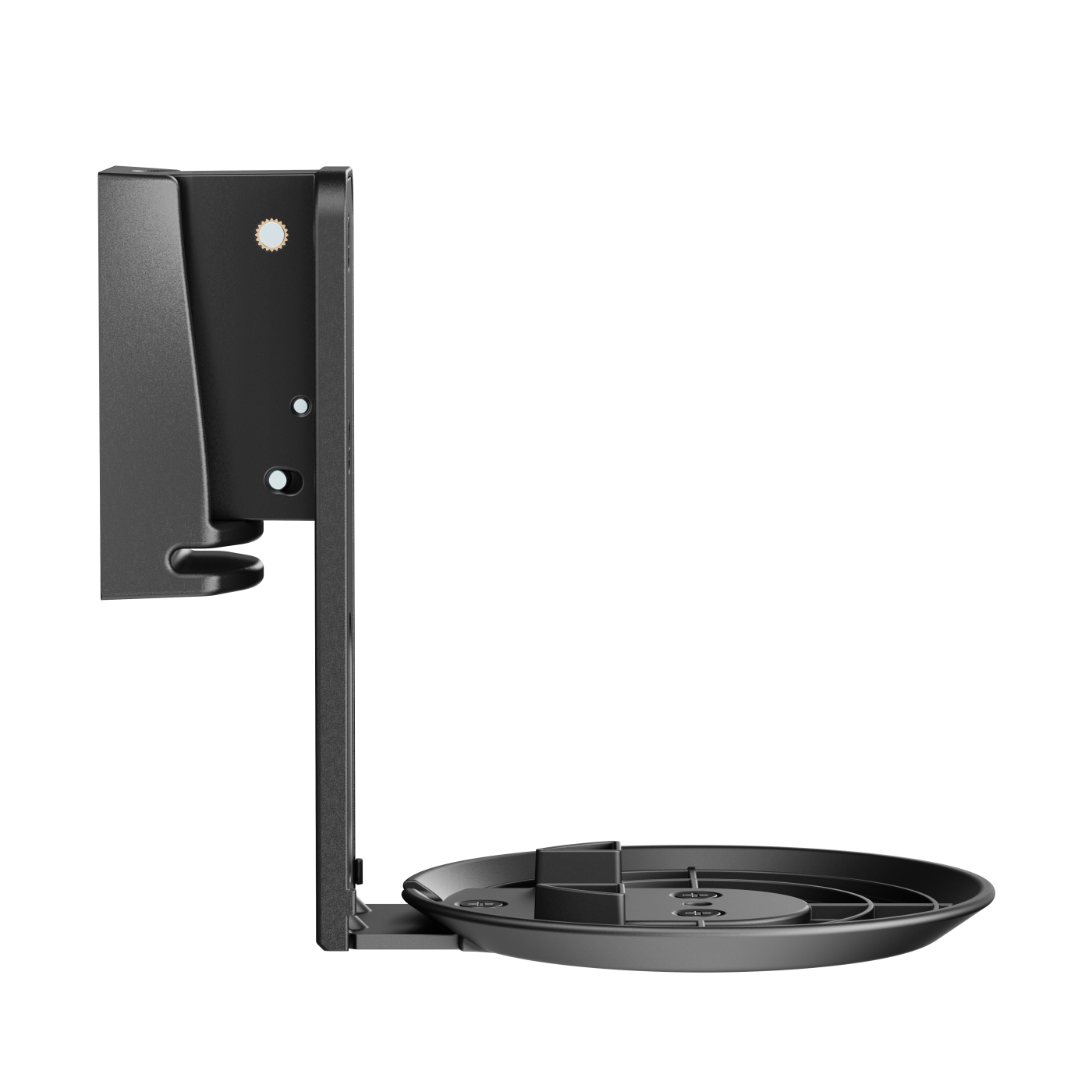 A black speaker mount with a circular base and a vertical support arm, on a white background.