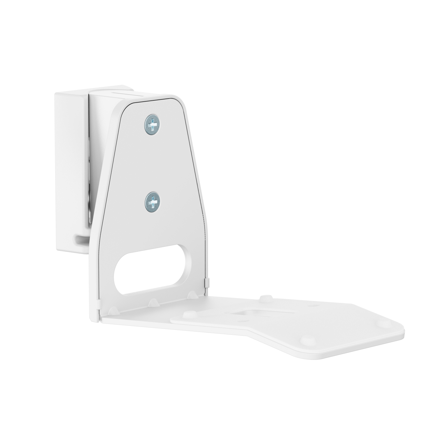 Witte wandbeugel voor speakers, met rechthoekige basis en verticale montageplaat.