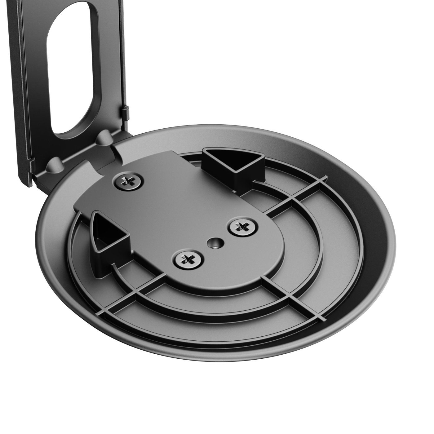 Black wall mount for a Google Nest Mini with screws and a round base.