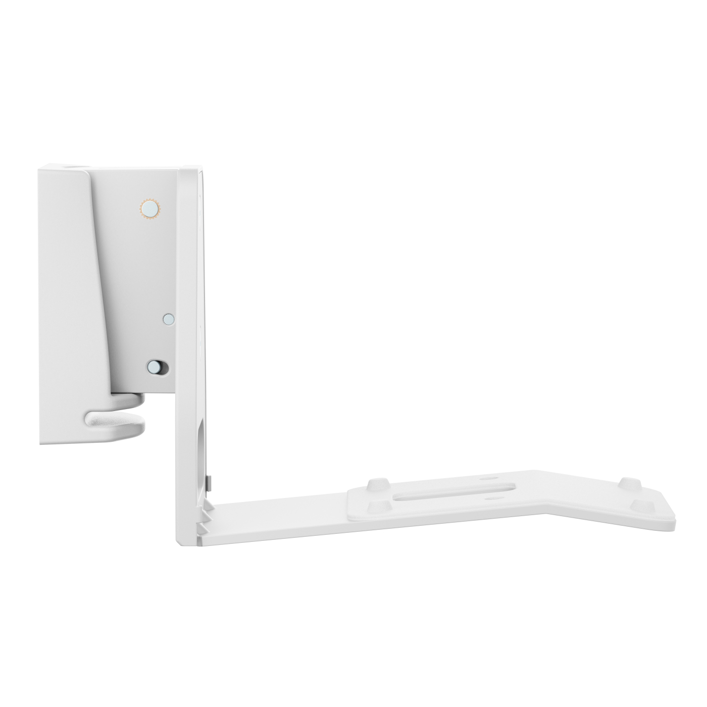 Witte wandbeugel voor elektronische apparaten. Witte achtergrond met zijaanzicht.