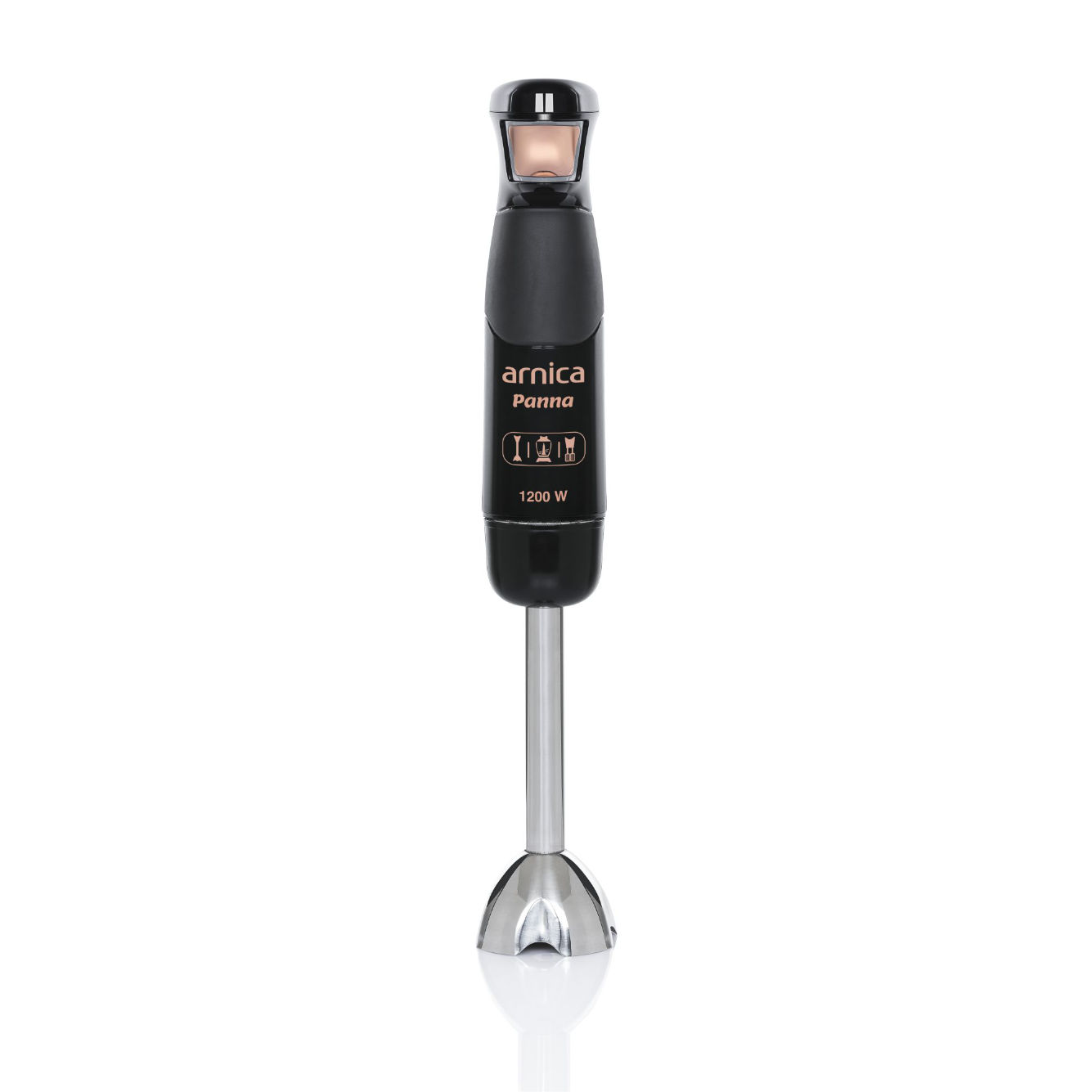 Beyaz zemin üzerinde siyah ve gümüş renkli el blenderi. Marka adı ve model bilgileri blender üzerinde.