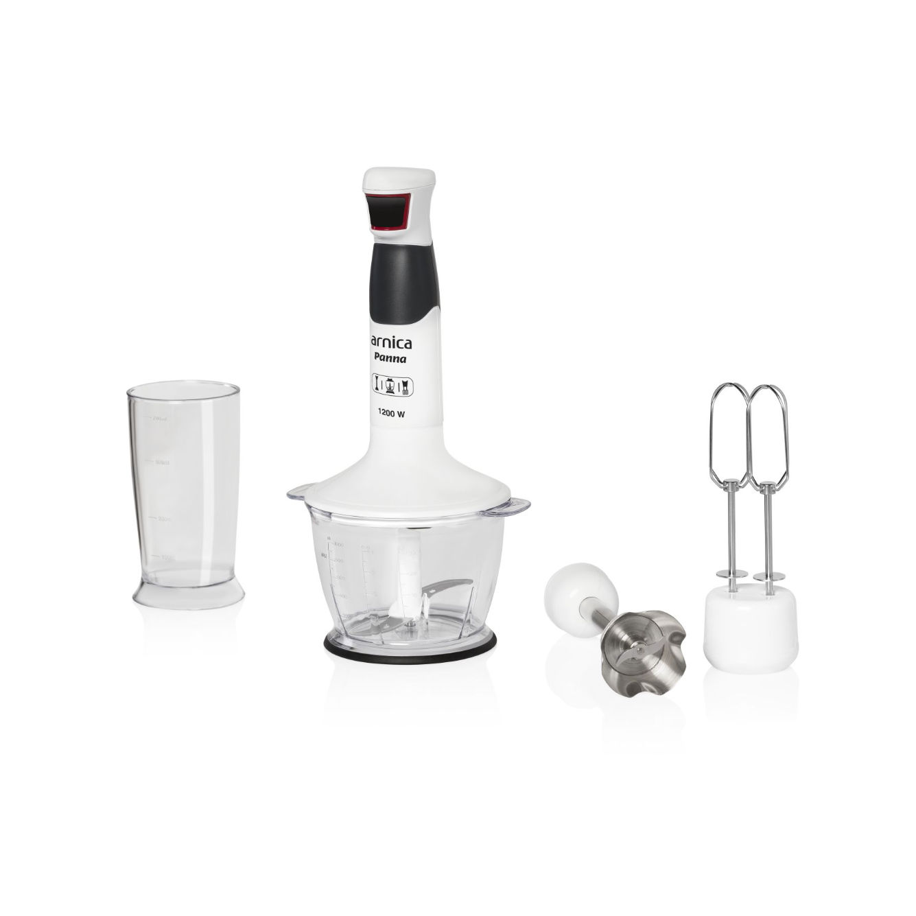 Weißes und schwarzes Stabmixer-Set mit Zubehör. Glas, Hackschüssel und Schneebesen-Aufsätze.