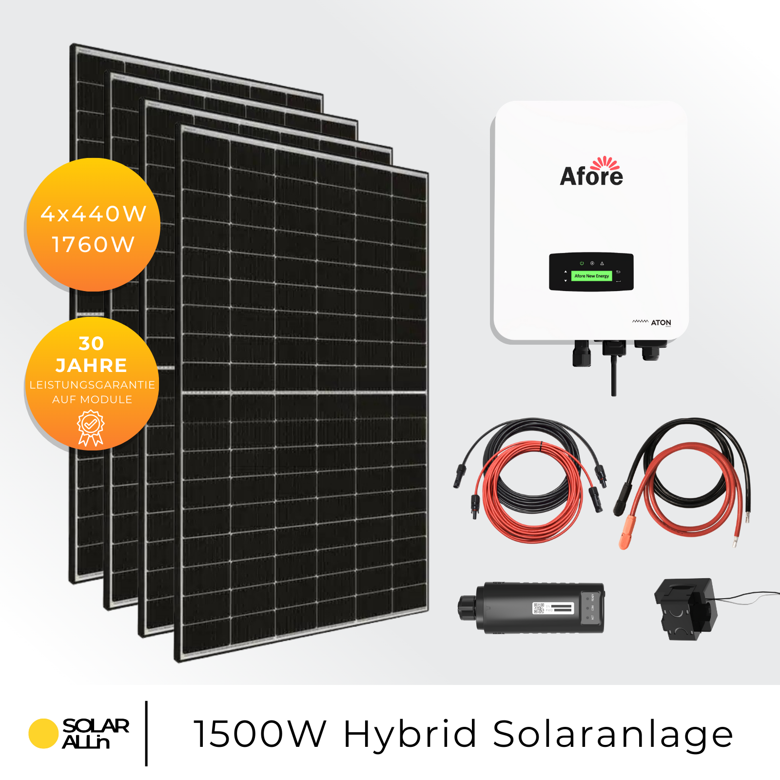 Solarpanel-Array mit Wechselrichter, Kabeln und Zubehör. Enthält Garantieangaben.