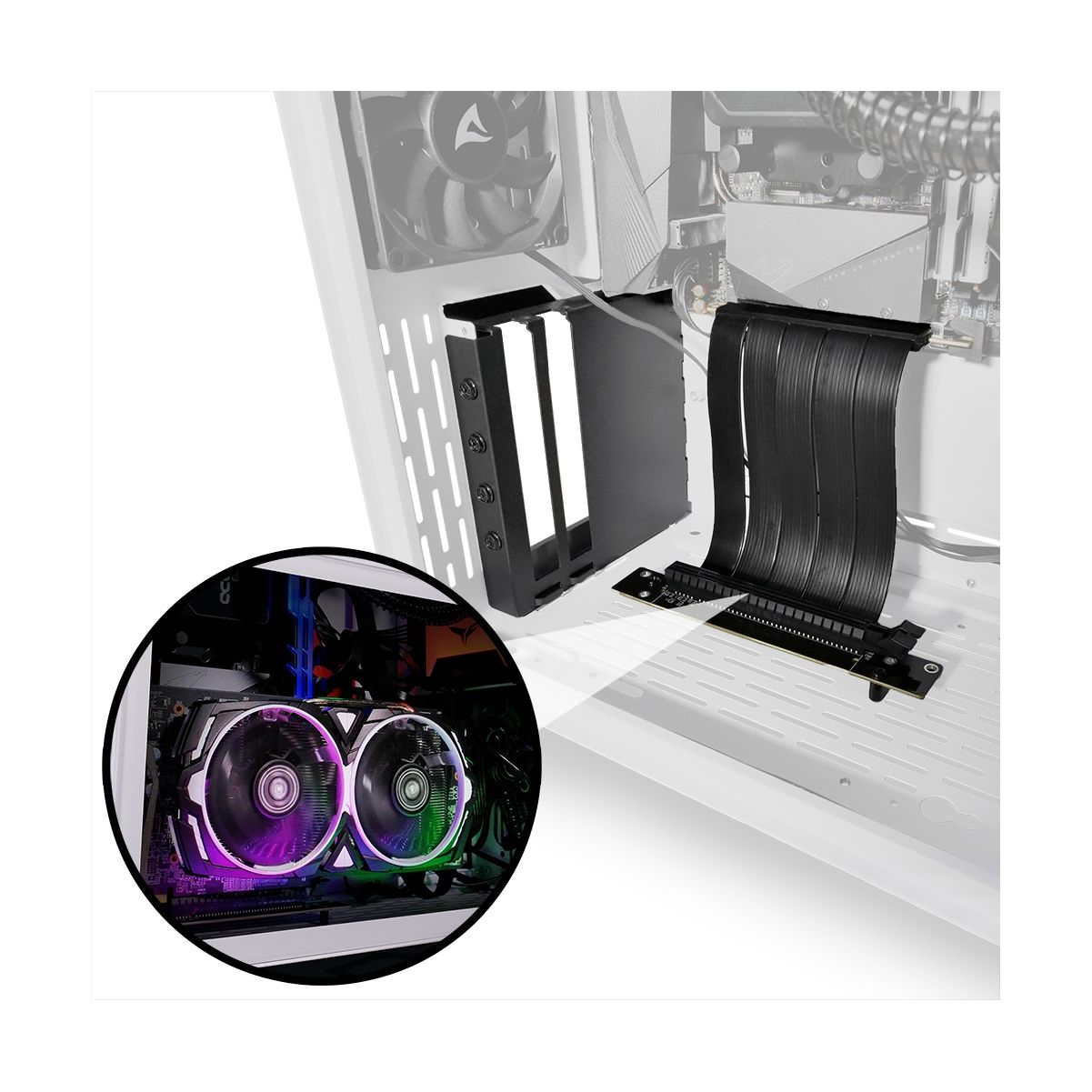Componentes de PC con GPU, cables y soporte, primer plano en el fondo.