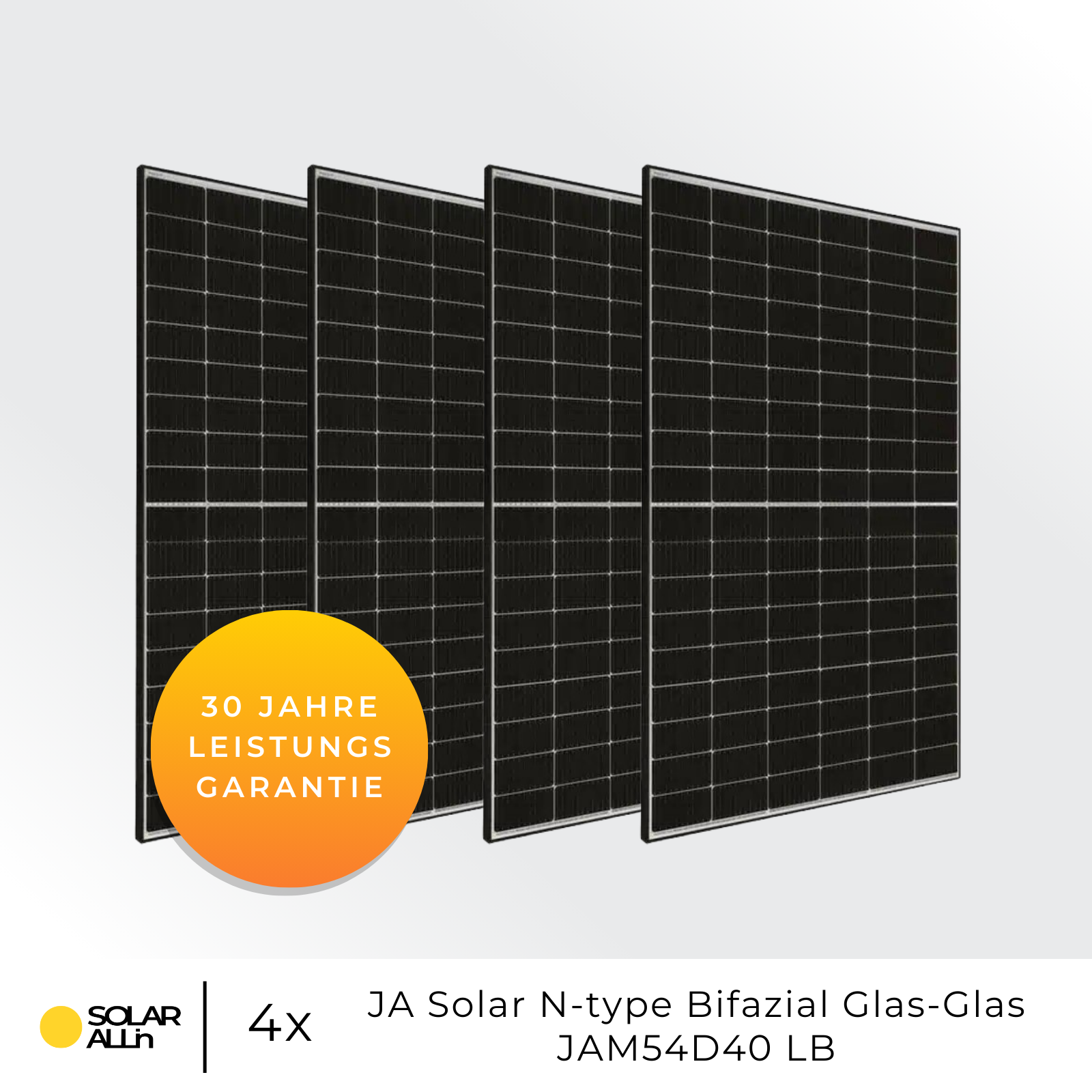Vier schwarze Solarmodule mit einem orangefarbenen Kreis und Text, der „30 Jahre Leistungsgarantie“ und „Solar All“ sagt.