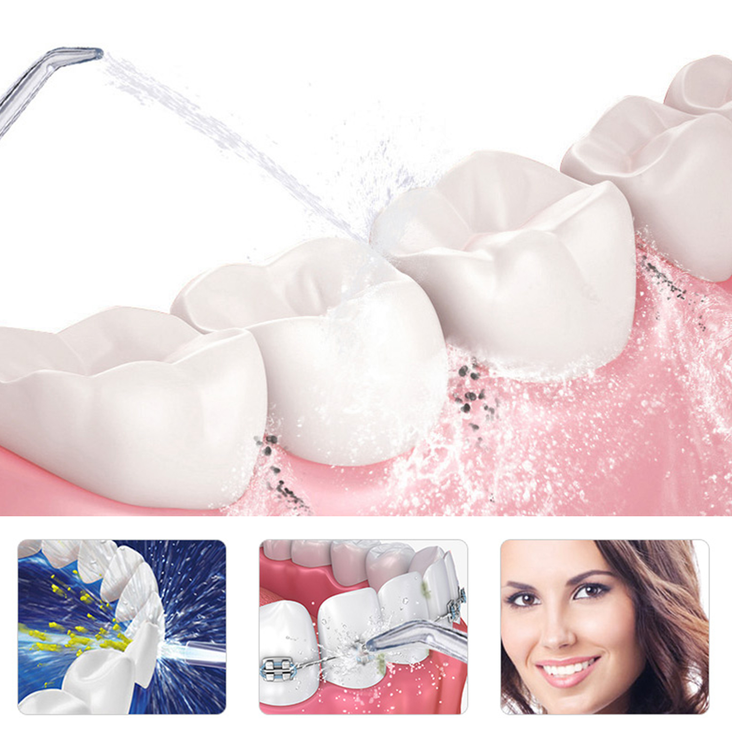 Scena di igiene dentale che mostra i denti puliti con un idropulsore.