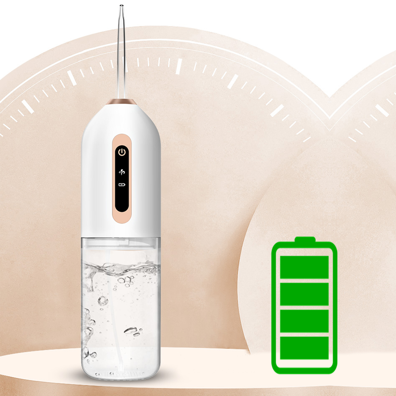 Irrigatore orale bianco e rosa con acqua nel serbatoio e indicatore di batteria.