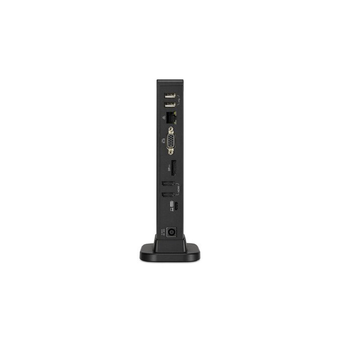 Una docking station nera con varie porte, su sfondo bianco.