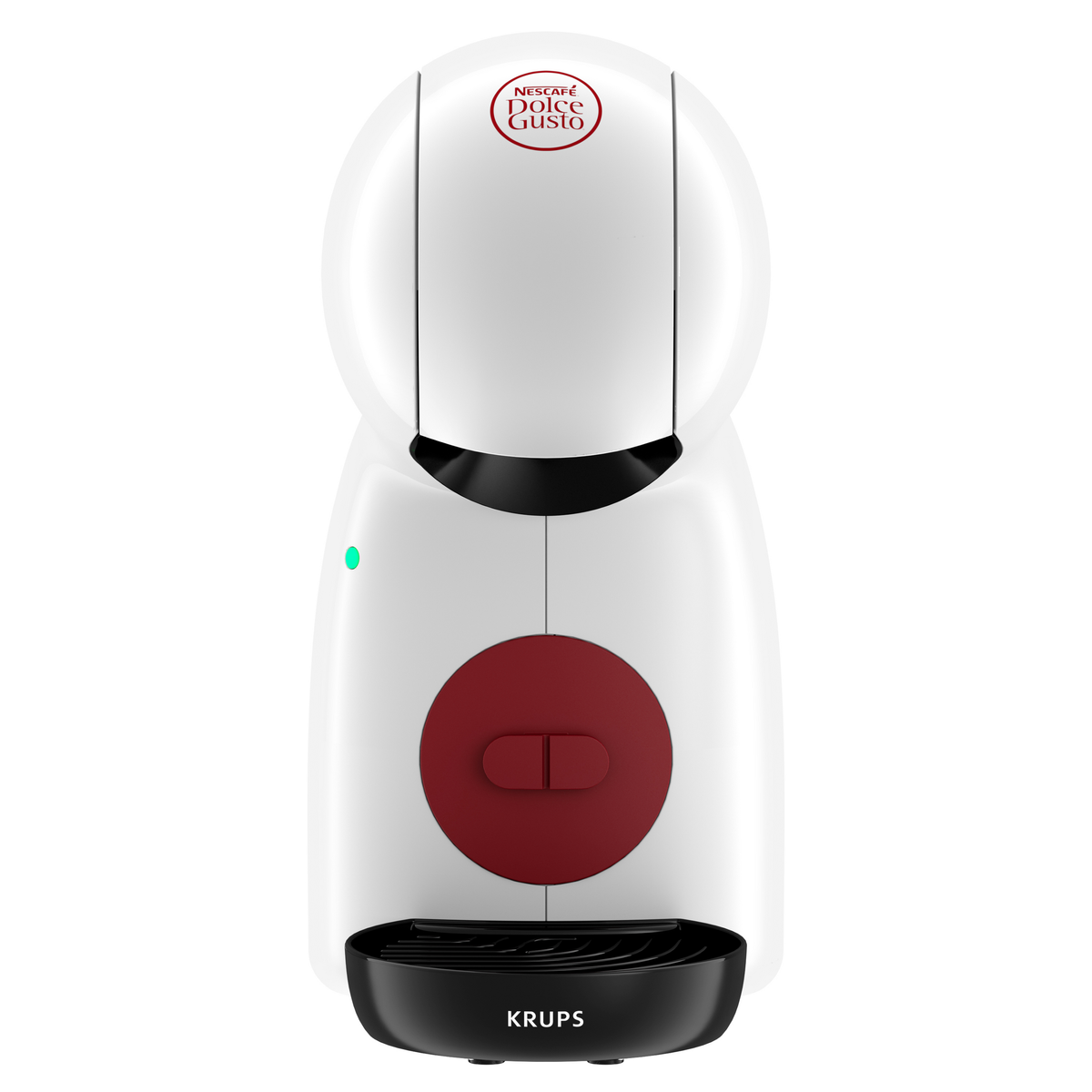 Macchina da caffè Krups Nescafé Dolce Gusto bianca e rossa con luce verde.