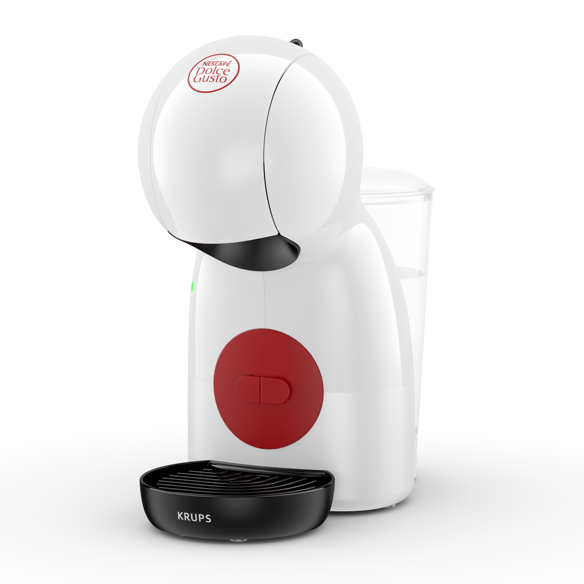 Macchina da caffè Krups Dolce Gusto bianca e rossa con dettagli neri e serbatoio dell'acqua.